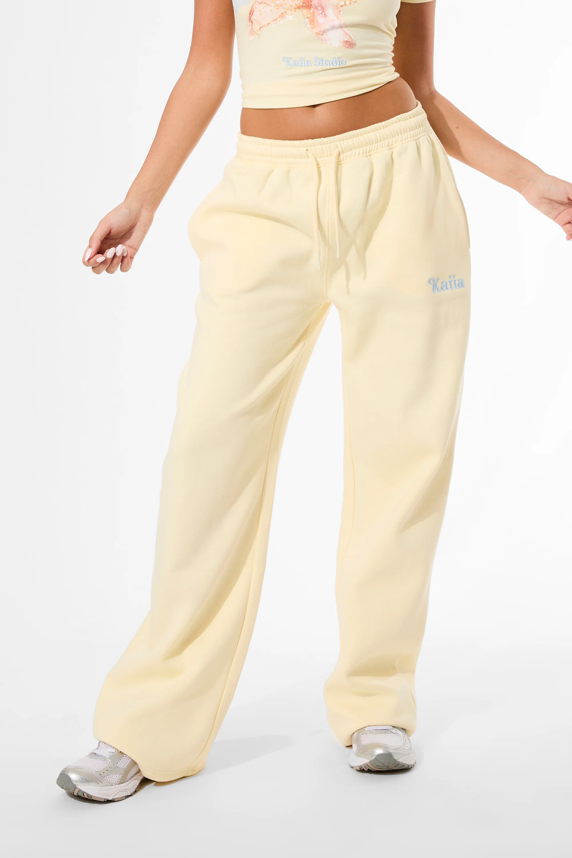Kaiia Slogan Wide Leg Joggers Lemon - Image 6