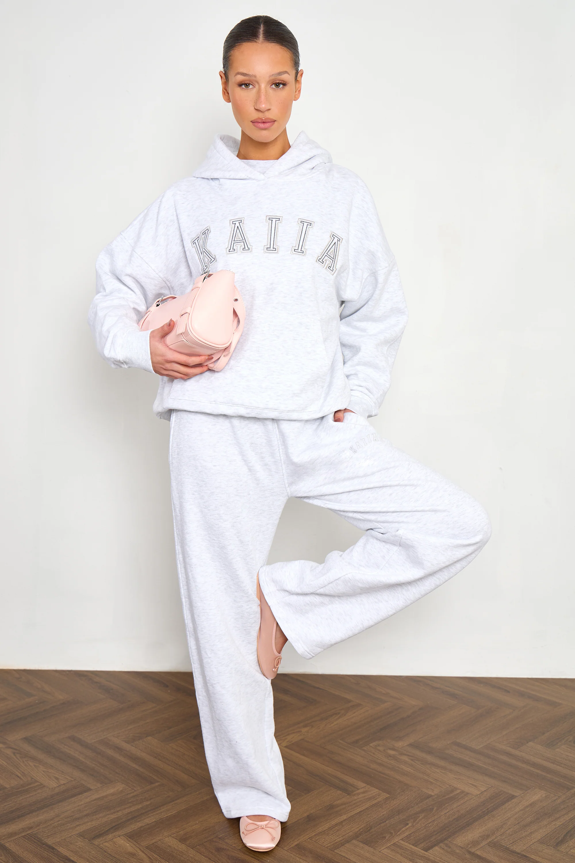 Kaiia Stitch Slogan Wide Leg Joggers Light Grey Marl