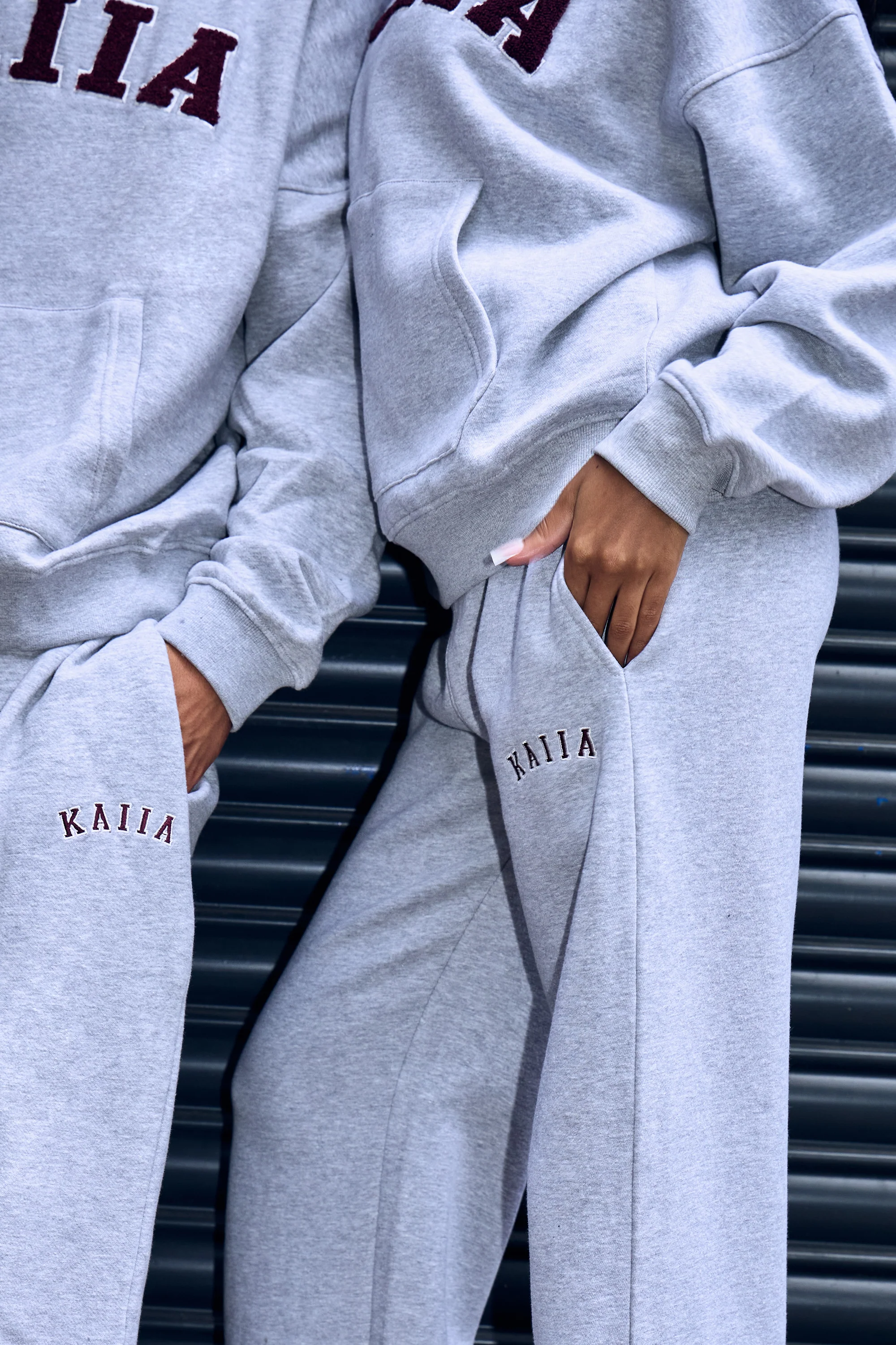 Kaiia Slogan Wide Leg Joggers Mid Grey & Burgundy - Image 2