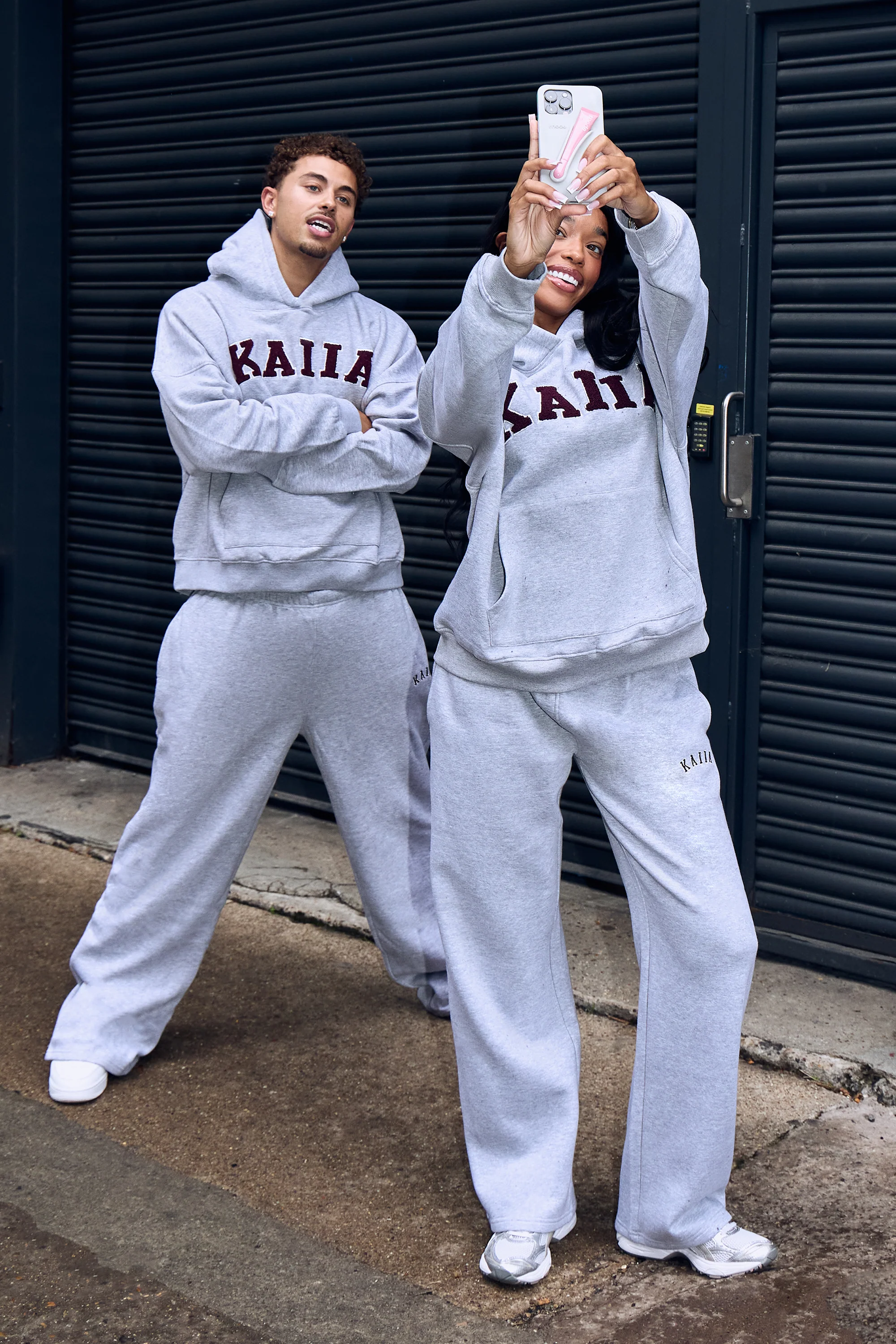 Kaiia Slogan Wide Leg Joggers Mid Grey & Burgundy - Image 3