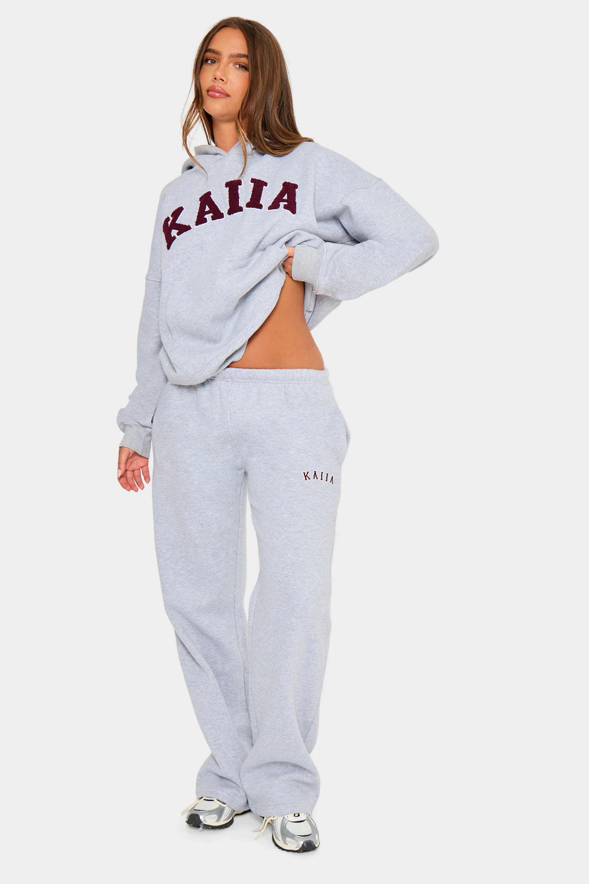 Kaiia Slogan Wide Leg Joggers Mid Grey & Burgundy - Image 5