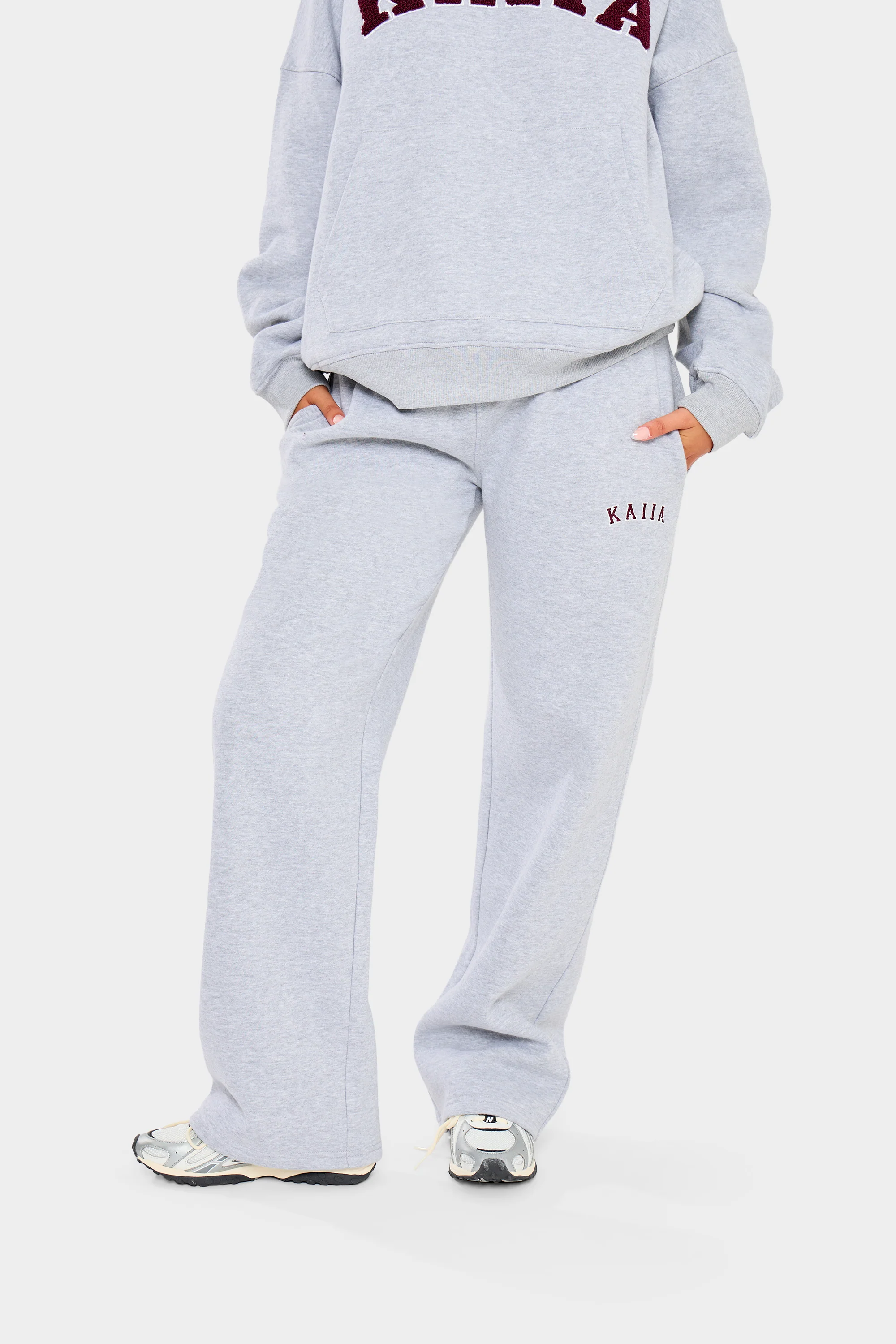 Kaiia Slogan Wide Leg Joggers Mid Grey & Burgundy - Image 6