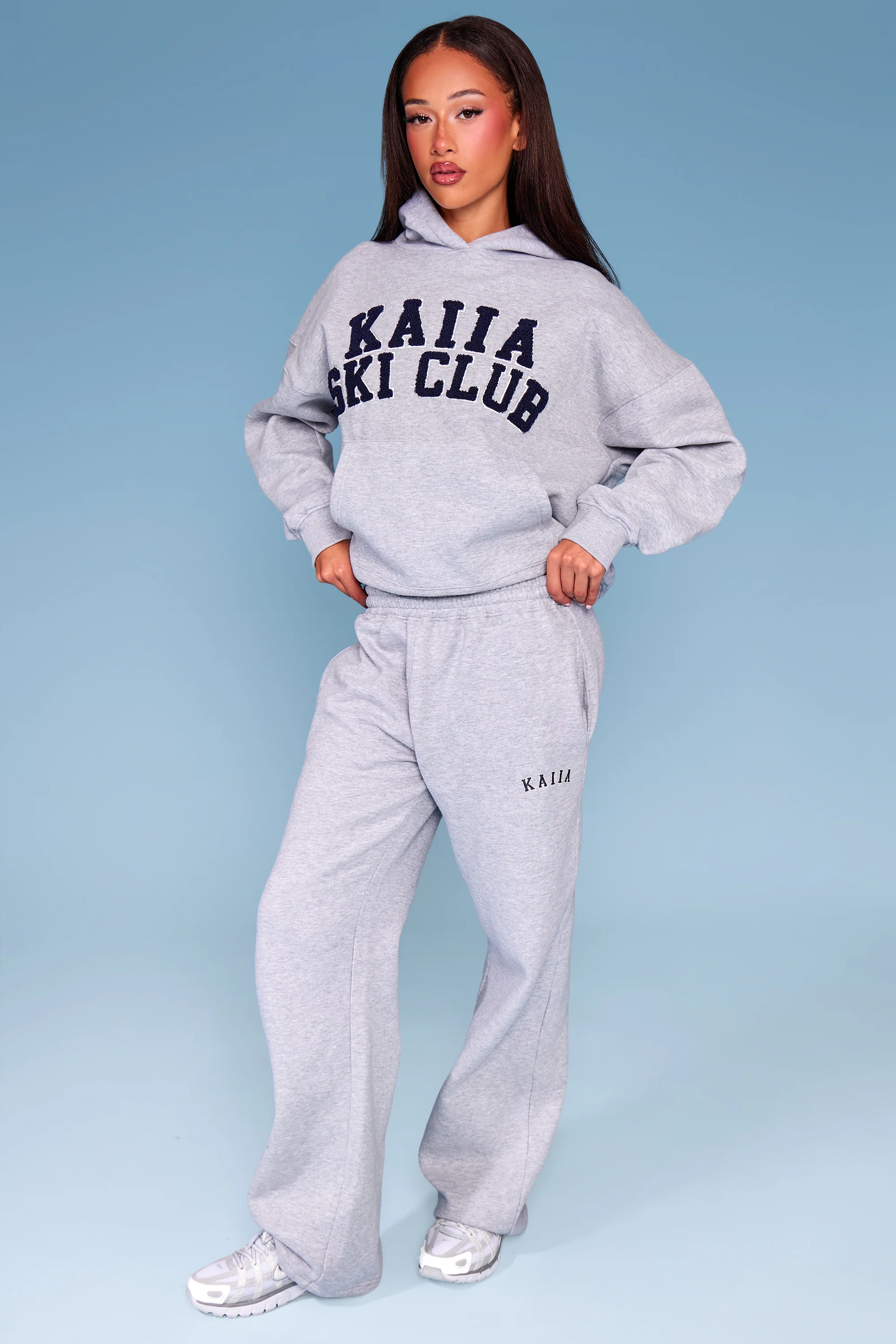 Kaiia Slogan Wide Leg Joggers Mid Grey Marl & Navy