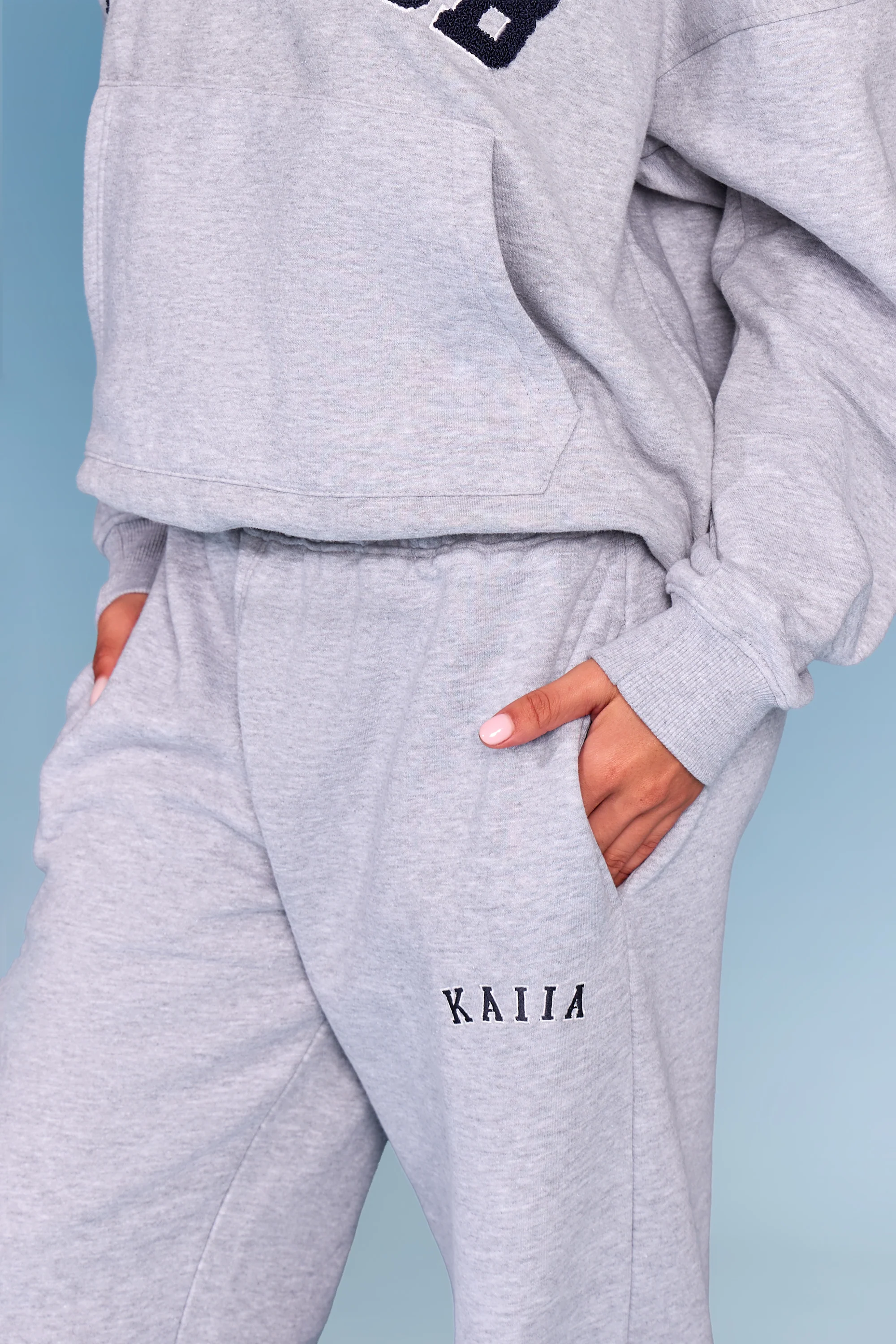 Kaiia Slogan Wide Leg Joggers Mid Grey Marl & Navy - Image 2