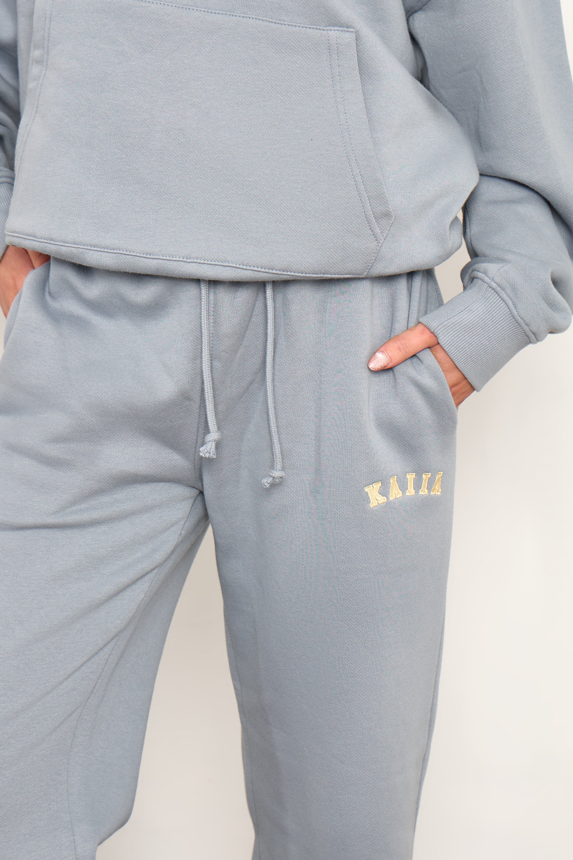 Kaiia Slogan Wide Leg Joggers Mist Grey & Yellow - Image 2