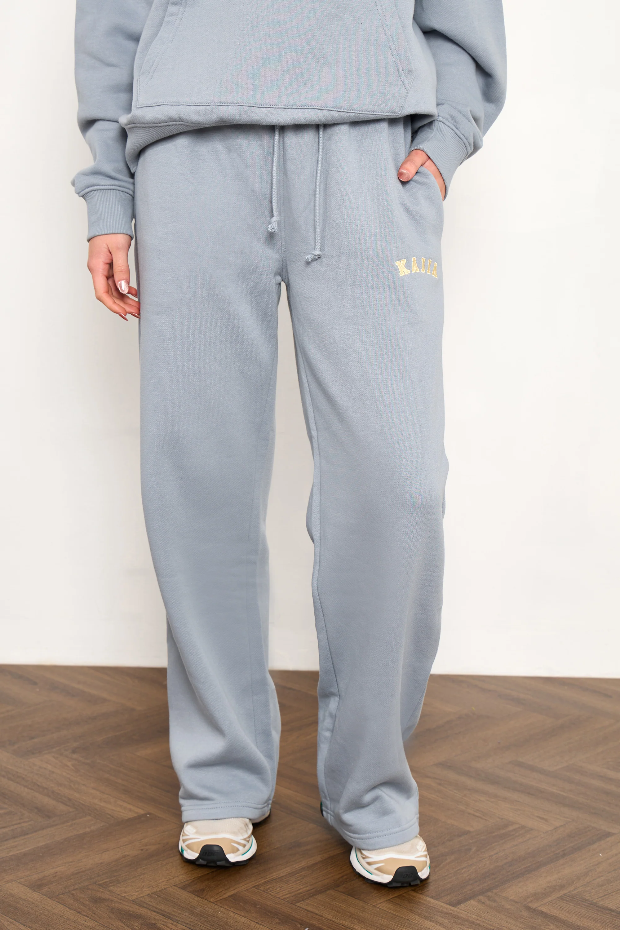 Kaiia Slogan Wide Leg Joggers Mist Grey & Yellow - Image 3