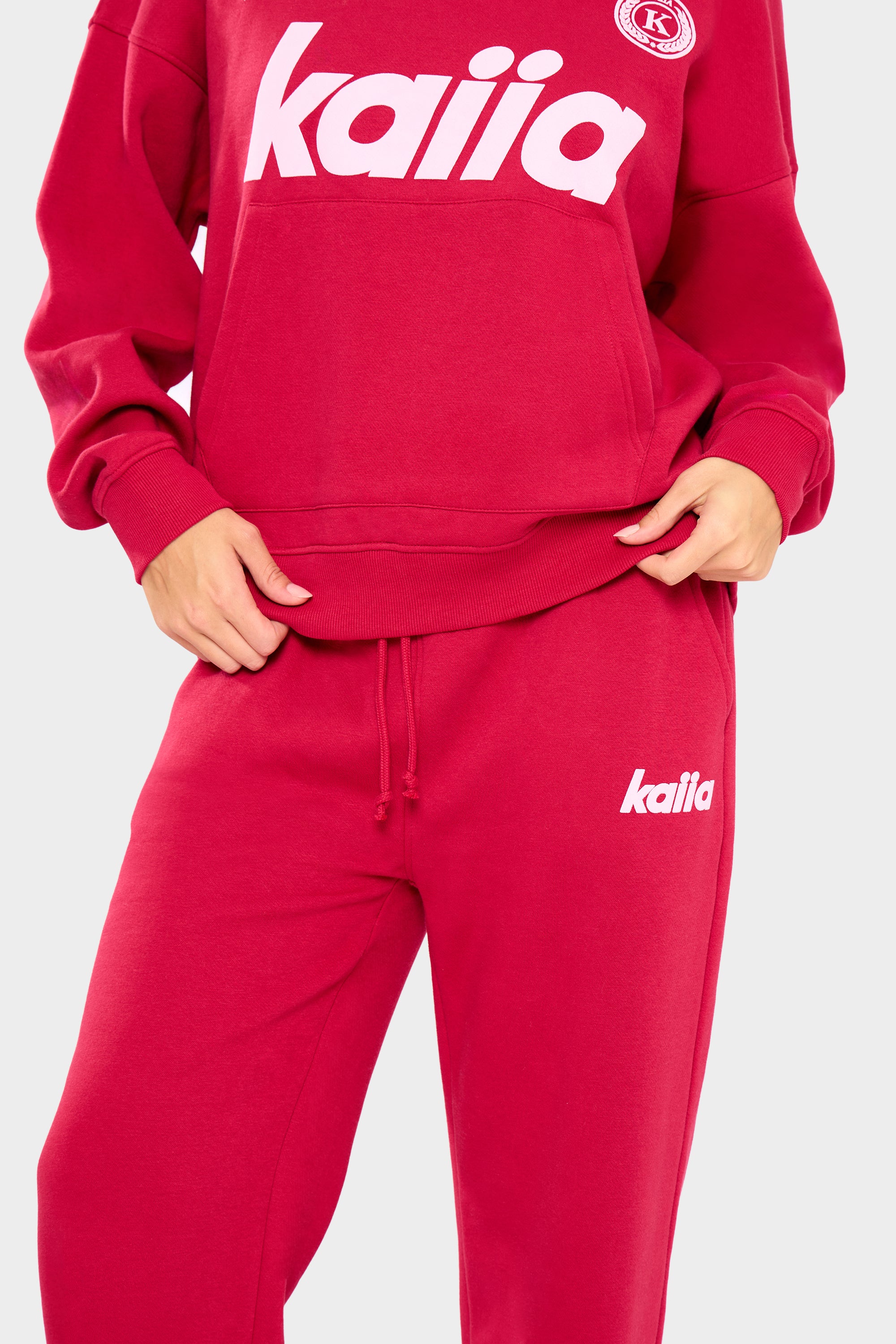 Kaiia Slogan Wide Leg Joggers Red & Baby Pink - Image 2