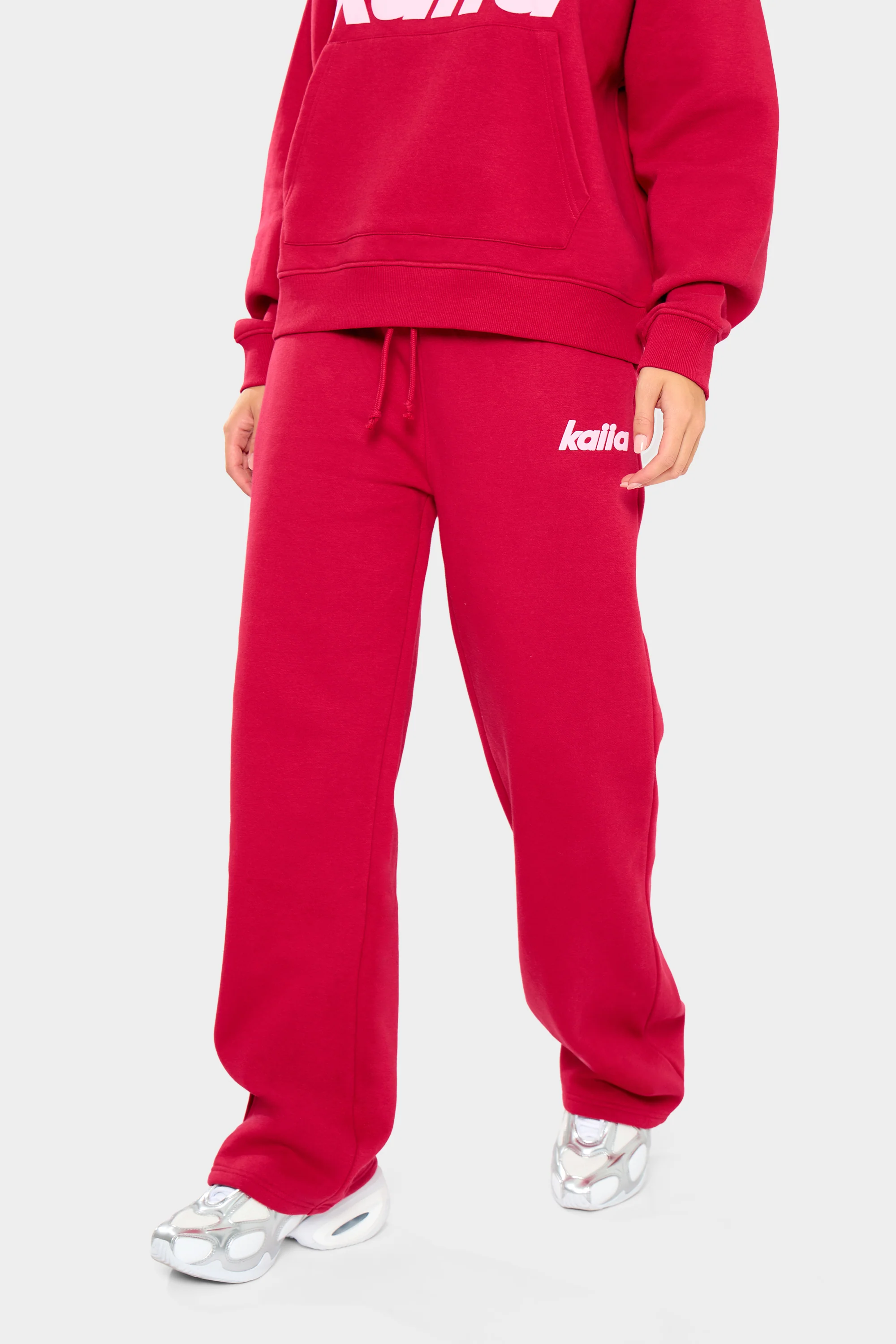 Kaiia Slogan Wide Leg Joggers Red & Baby Pink - Image 3