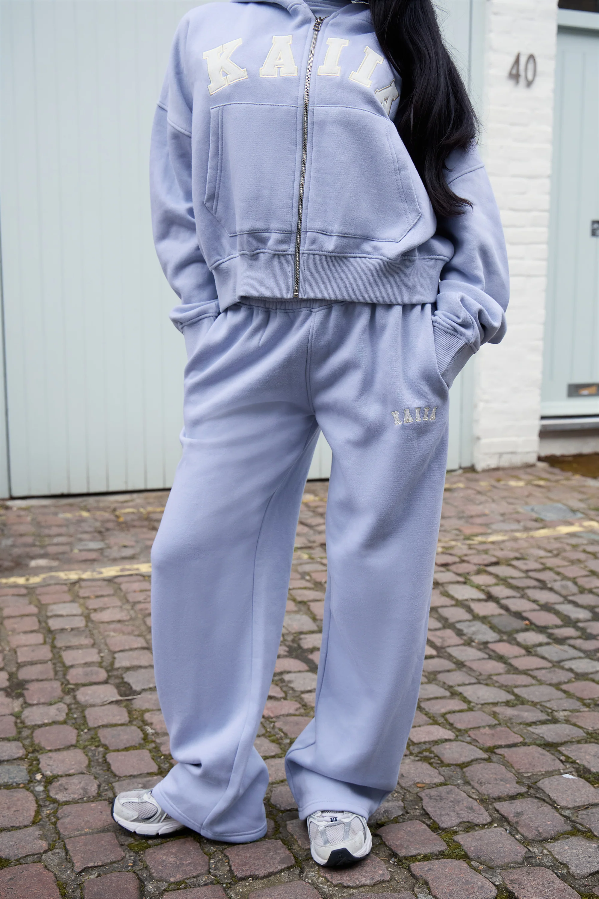 Kaiia Slogan Wide Leg Joggers Soft Blue & White - Image 3