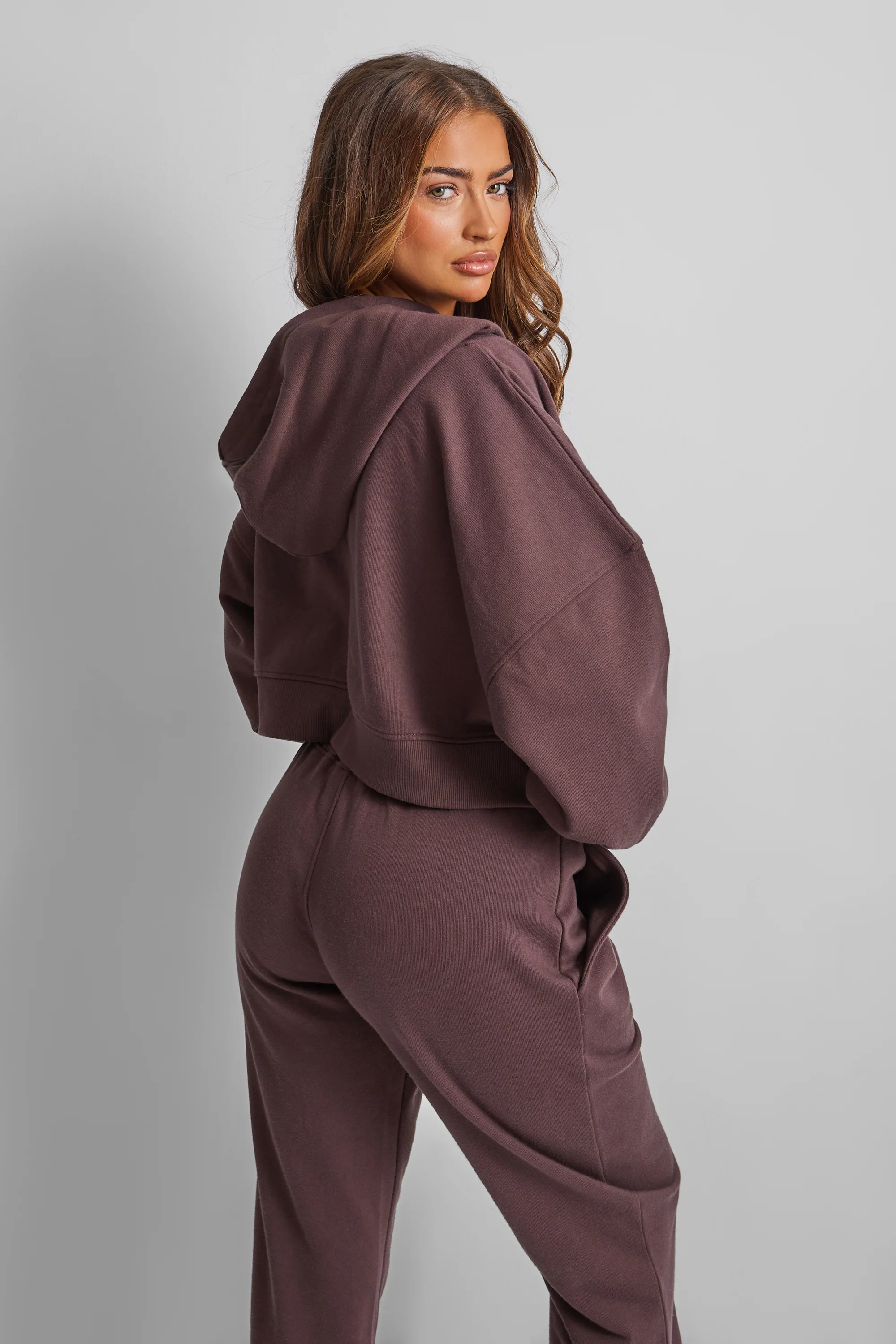 Kaiia Slogan Zip Through Cropped Hoodie Brown - Image 5