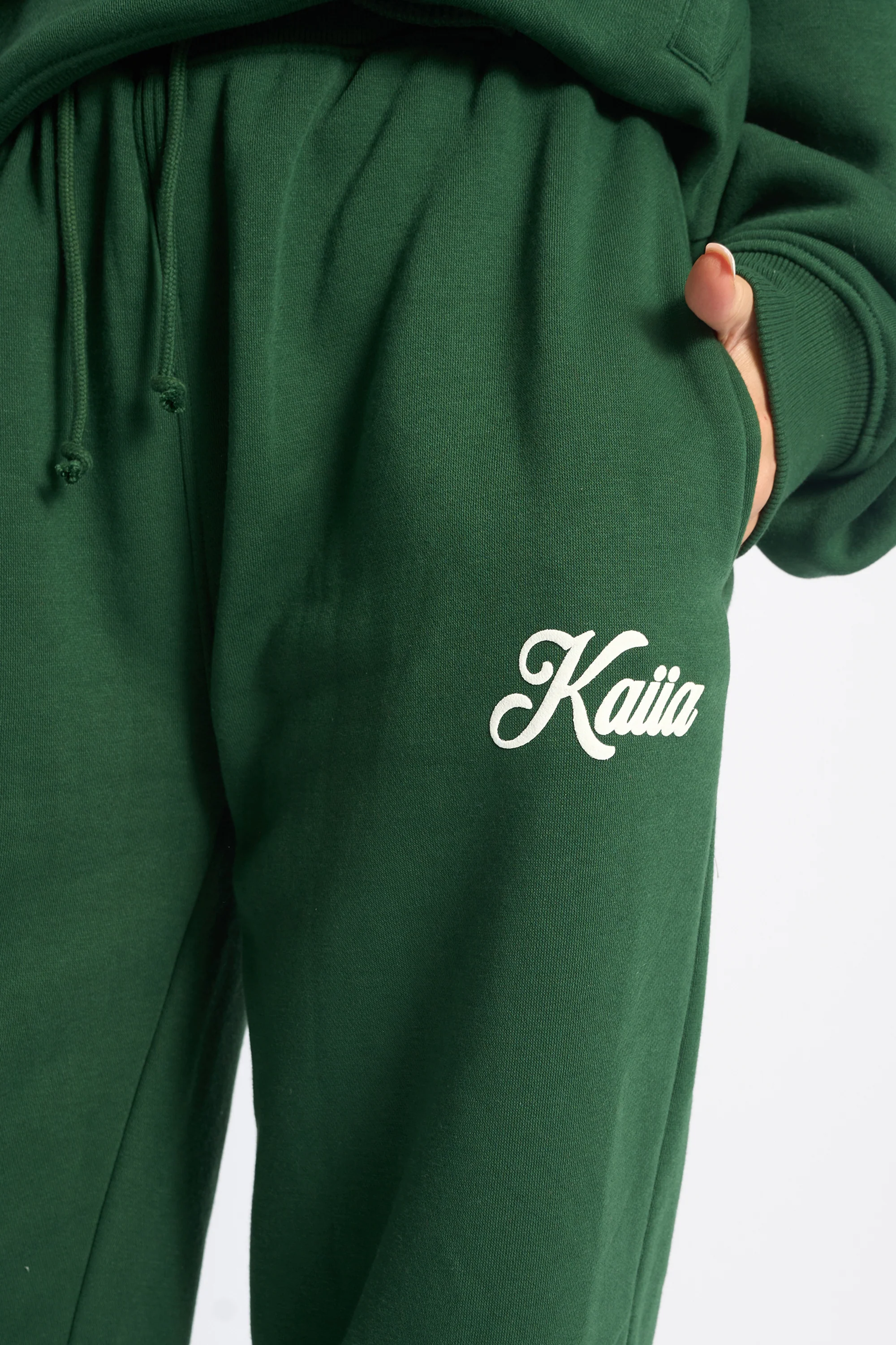 Kaiia Snowflake Logo Ribbed Waistband Wide Leg Joggers Forest Green - Image 4