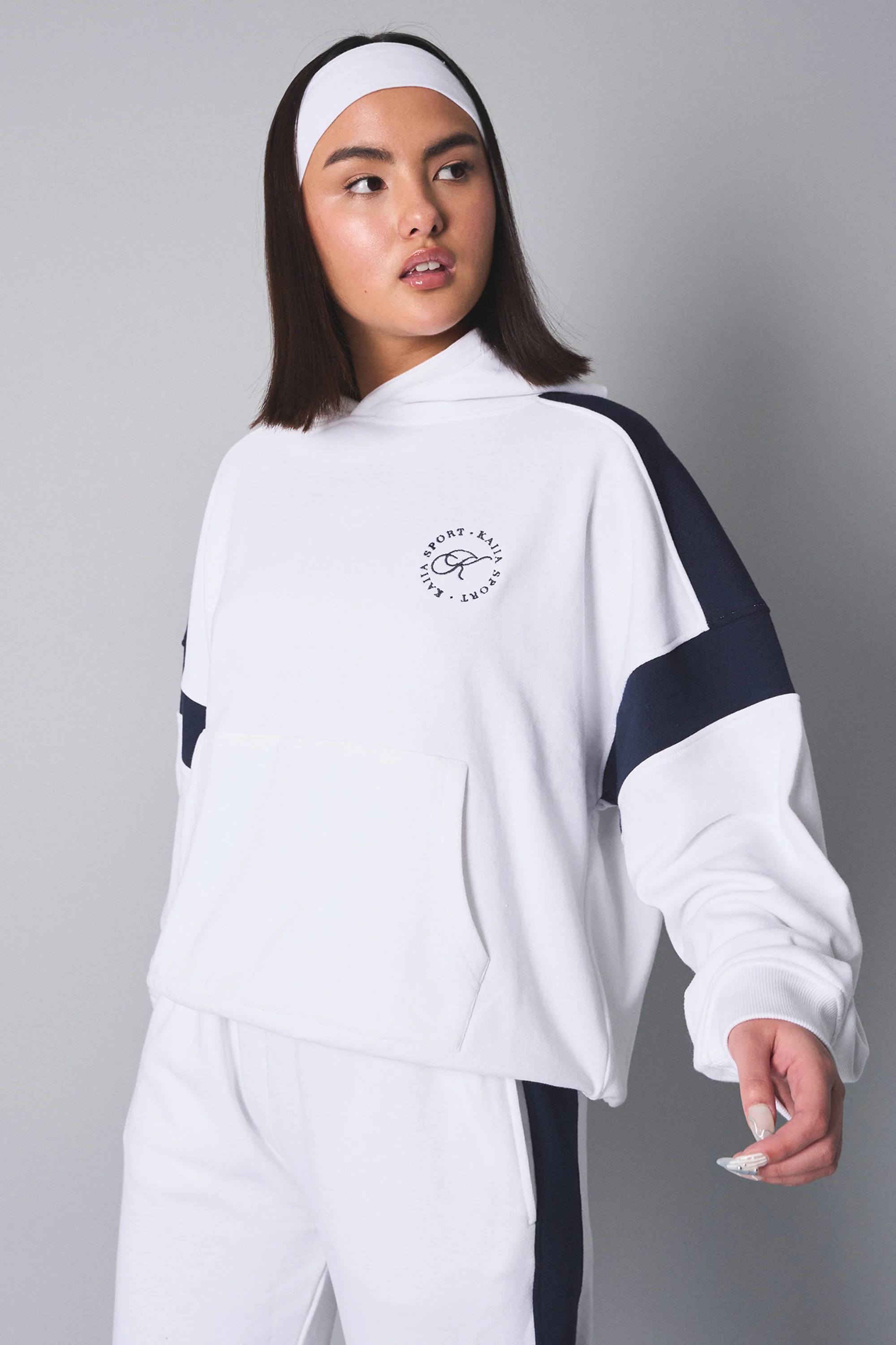 Kaiia Sport Contrast Panel Oversized Hoodie White with Navy