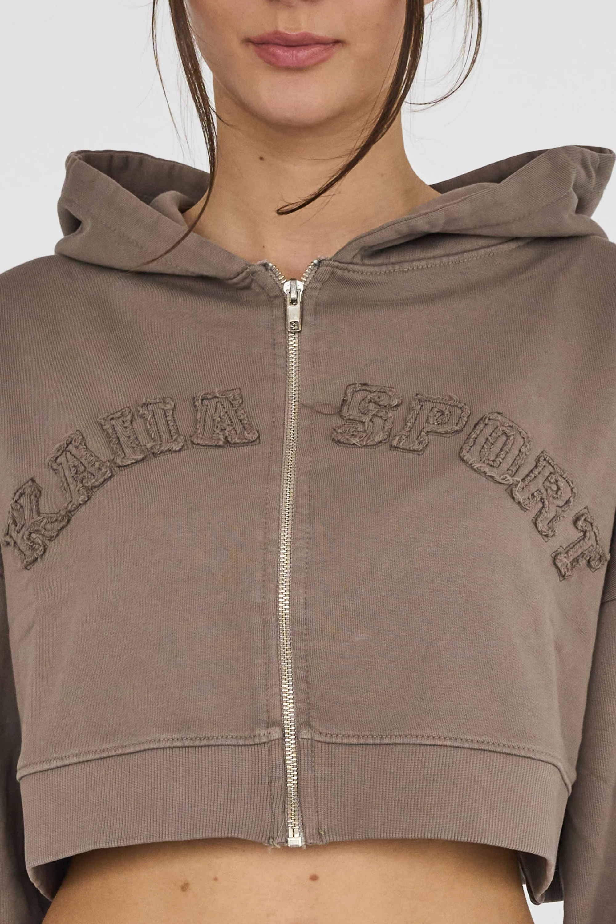 Kaiia Sport Distressed Applique Cropped Hoodie Mushroom - Image 2