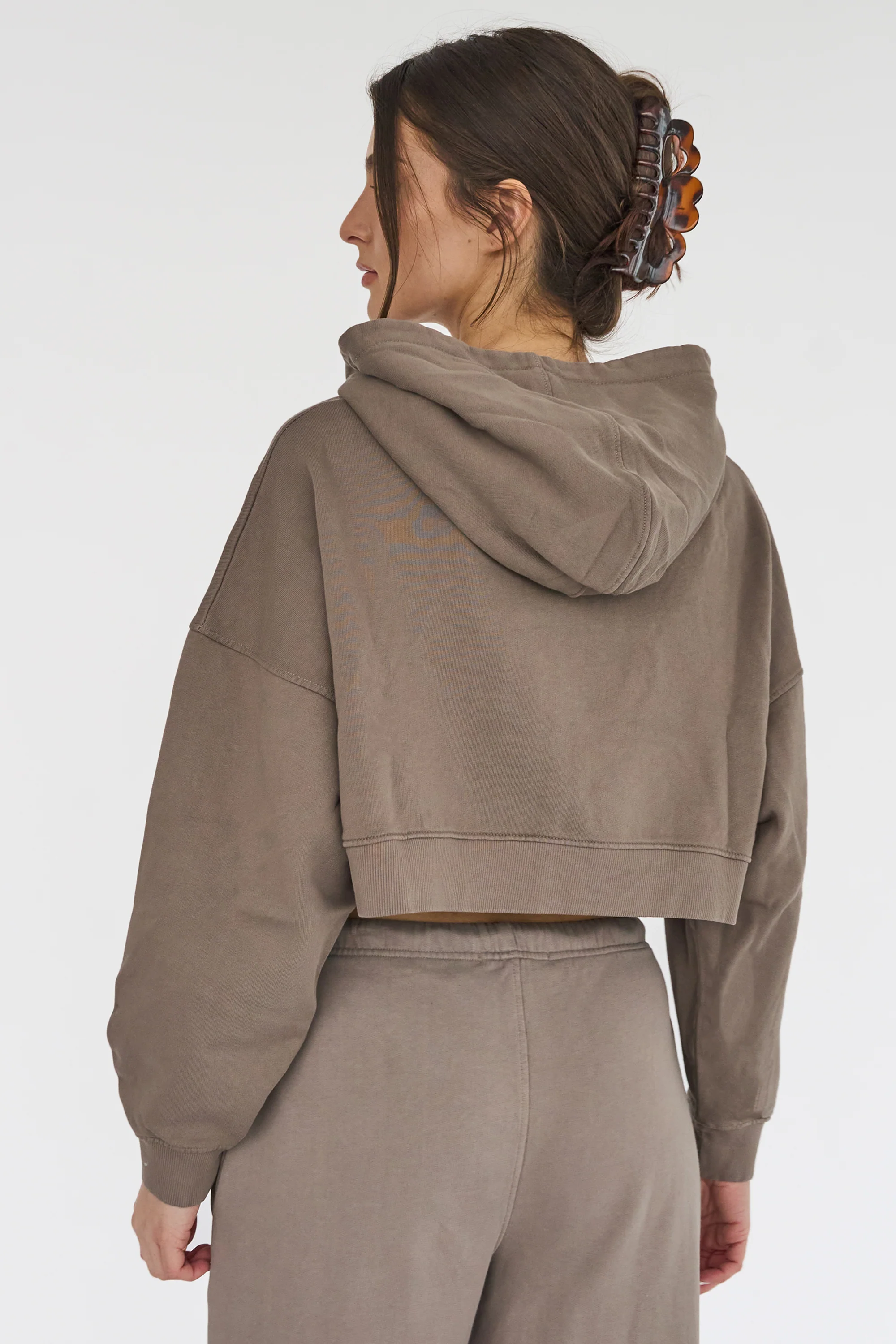 Kaiia Sport Distressed Applique Cropped Hoodie Mushroom - Image 3