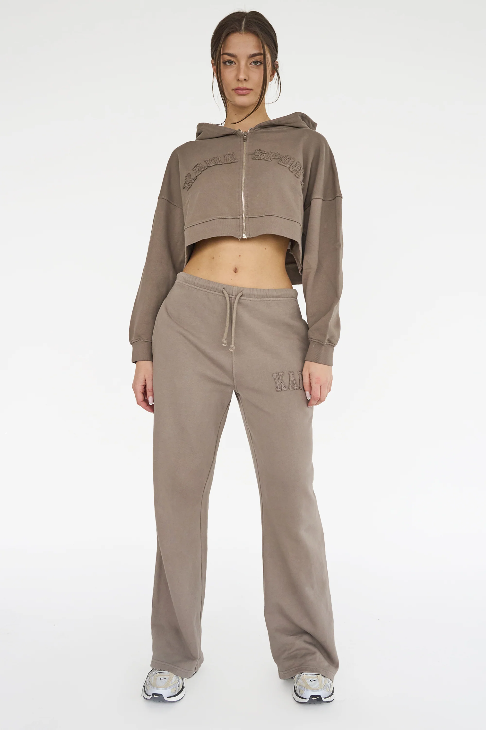Kaiia Sport Distressed Applique Cropped Hoodie Mushroom - Image 4