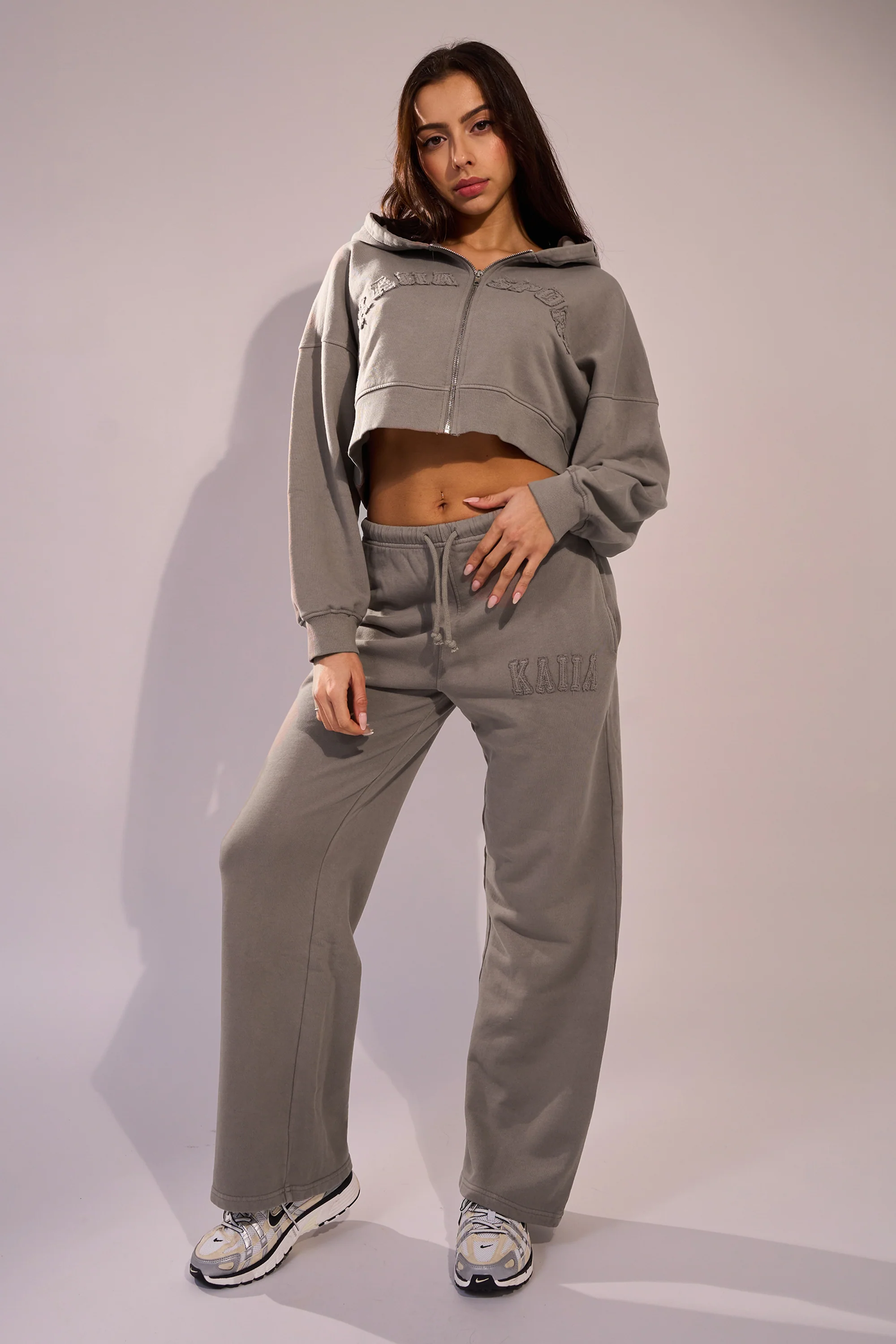 Kaiia Sport Distressed Applique Cropped Hoodie Mushroom - Image 7