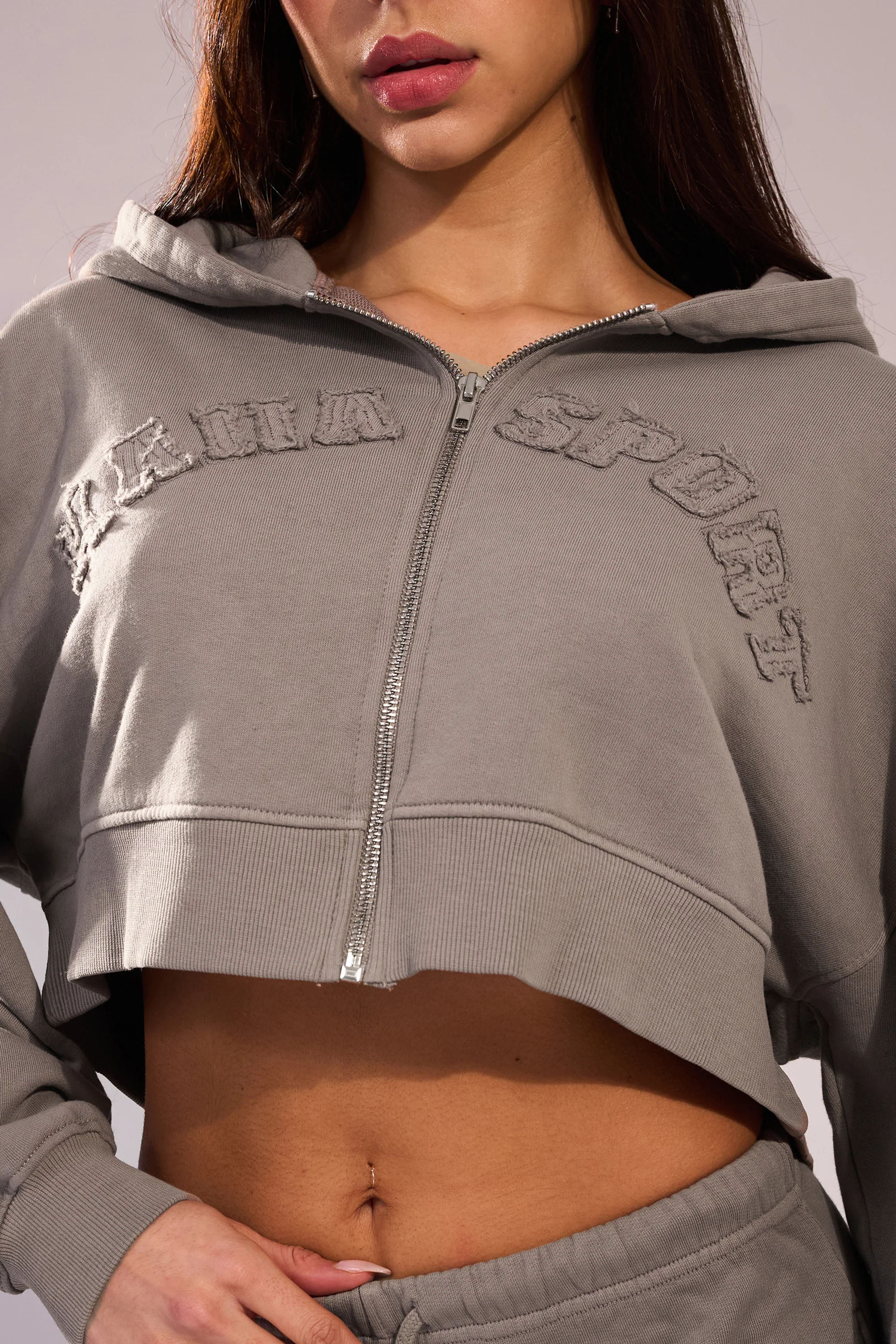 Kaiia Sport Distressed Applique Cropped Hoodie Mushroom - Image 8
