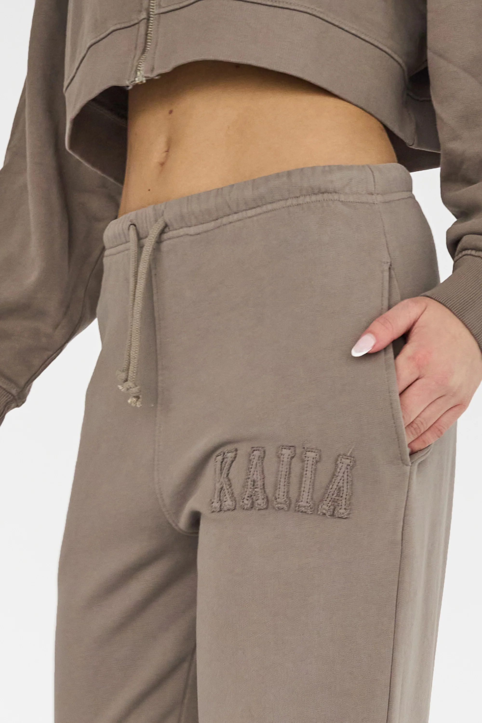 Kaiia Sport Distressed Applique Wide Leg Sweat Pants Mushroom - Image 2