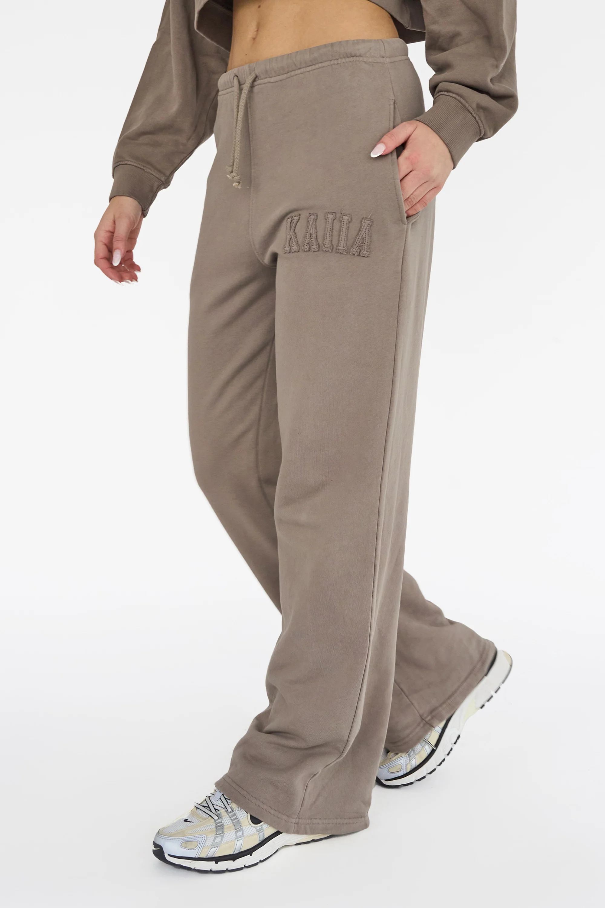 Kaiia Sport Distressed Applique Wide Leg Sweat Pants Mushroom - Image 3