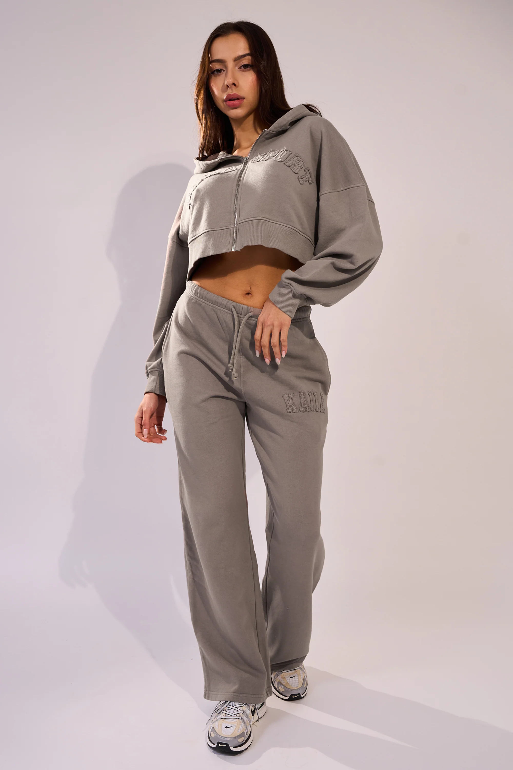 Kaiia Sport Distressed Applique Wide Leg Sweat Pants Mushroom - Image 5