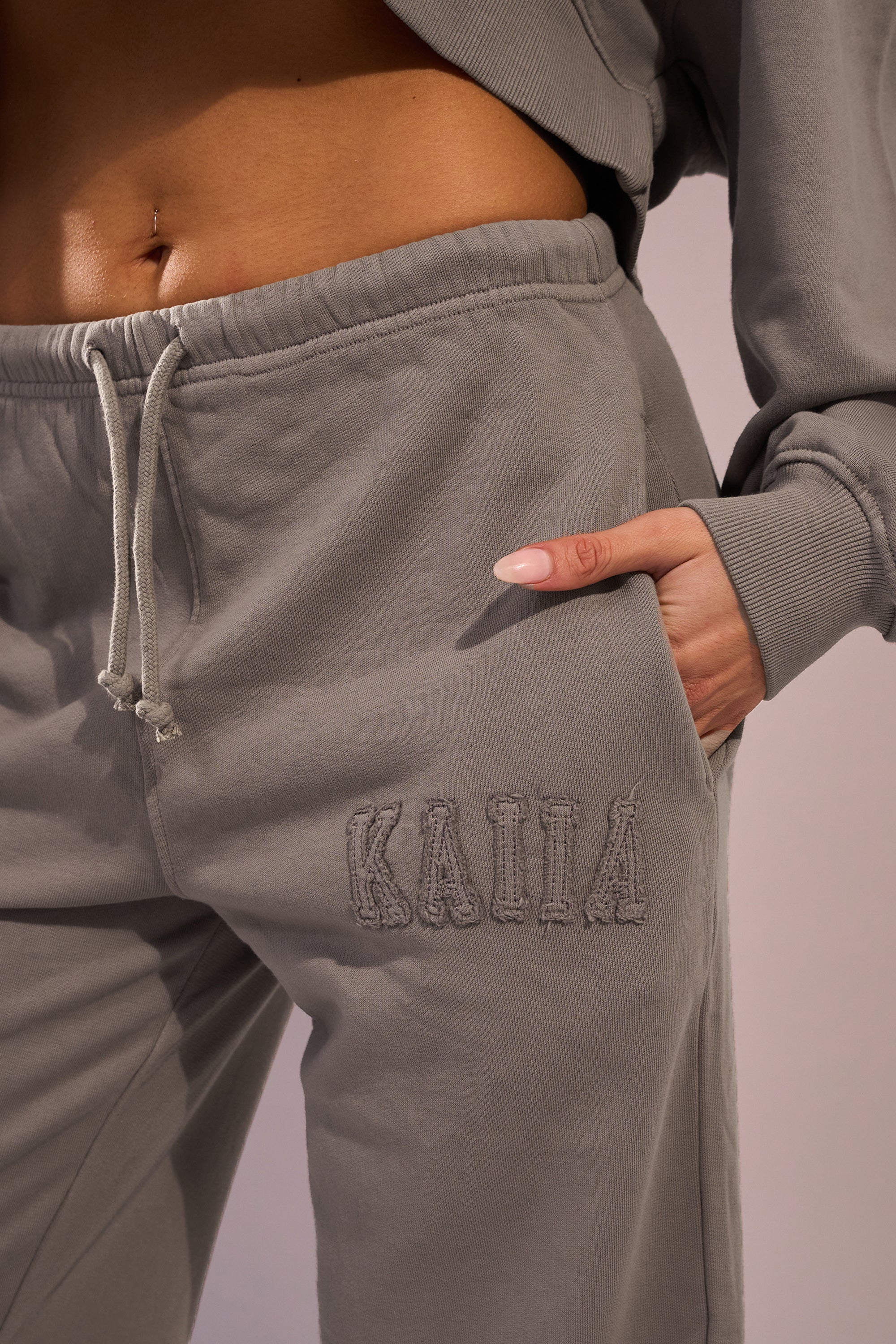 Kaiia Sport Distressed Applique Wide Leg Sweat Pants Mushroom - Image 6