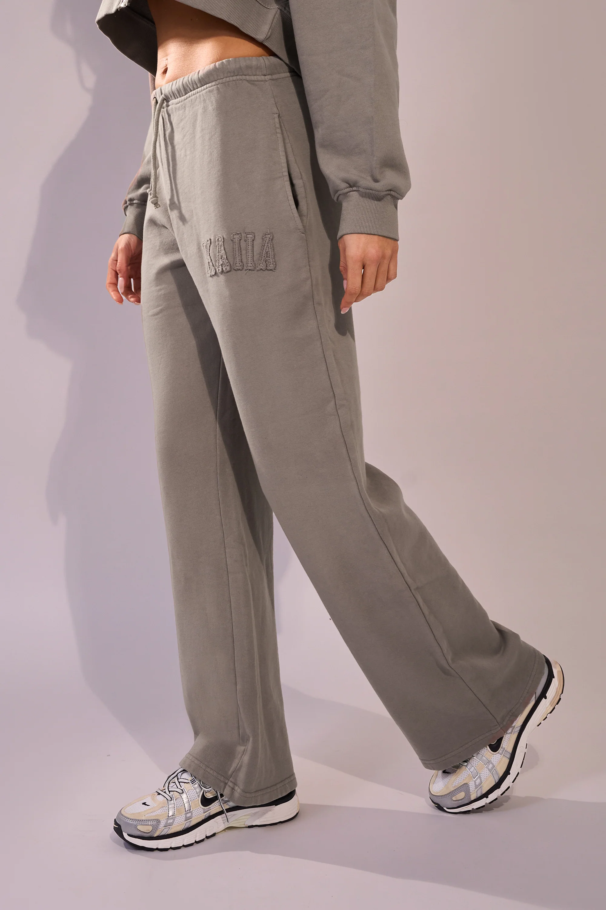 Kaiia Sport Distressed Applique Wide Leg Sweat Pants Mushroom - Image 7