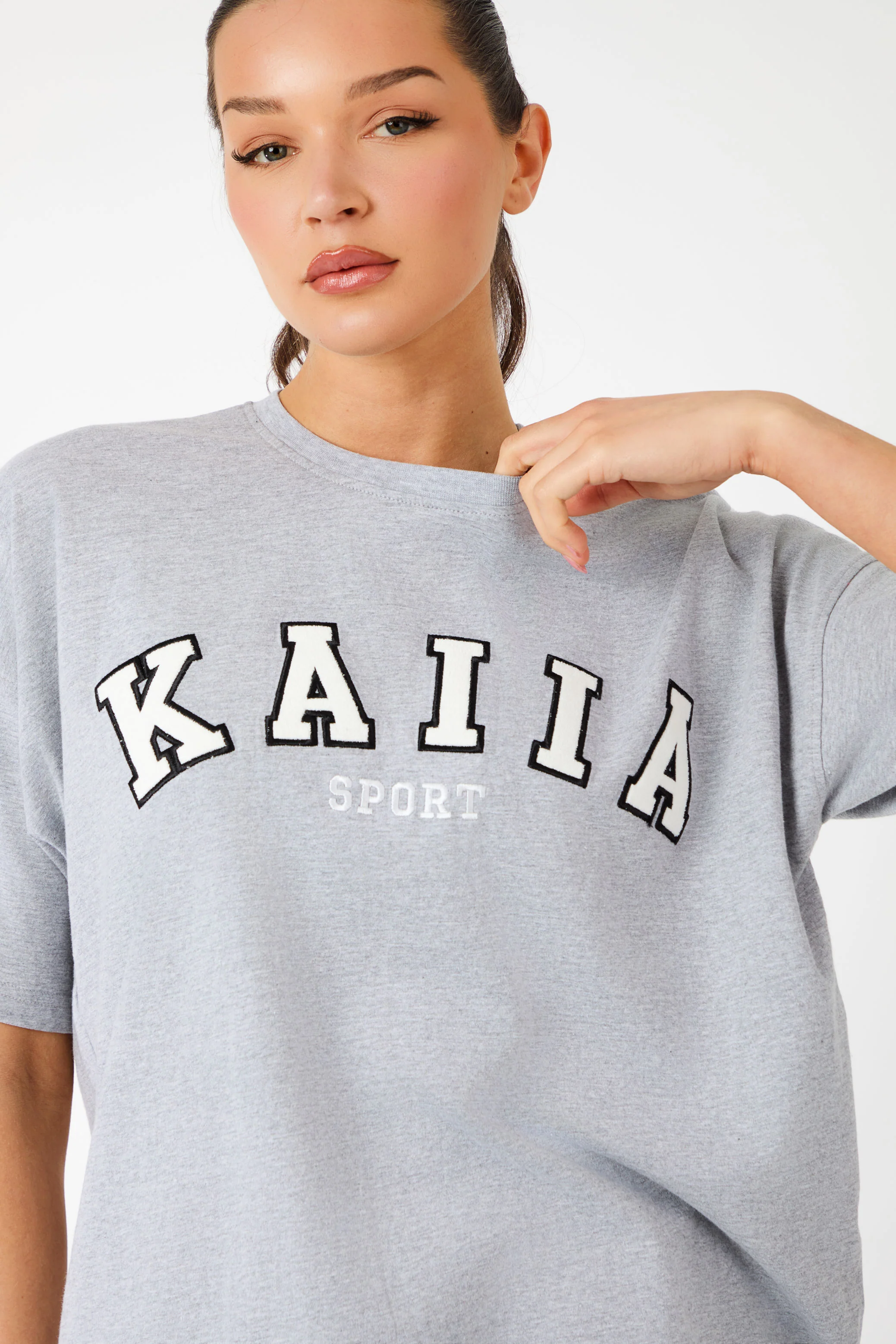 Kaiia Sport Logo Oversized T-Shirt Grey Marl & White - Image 2