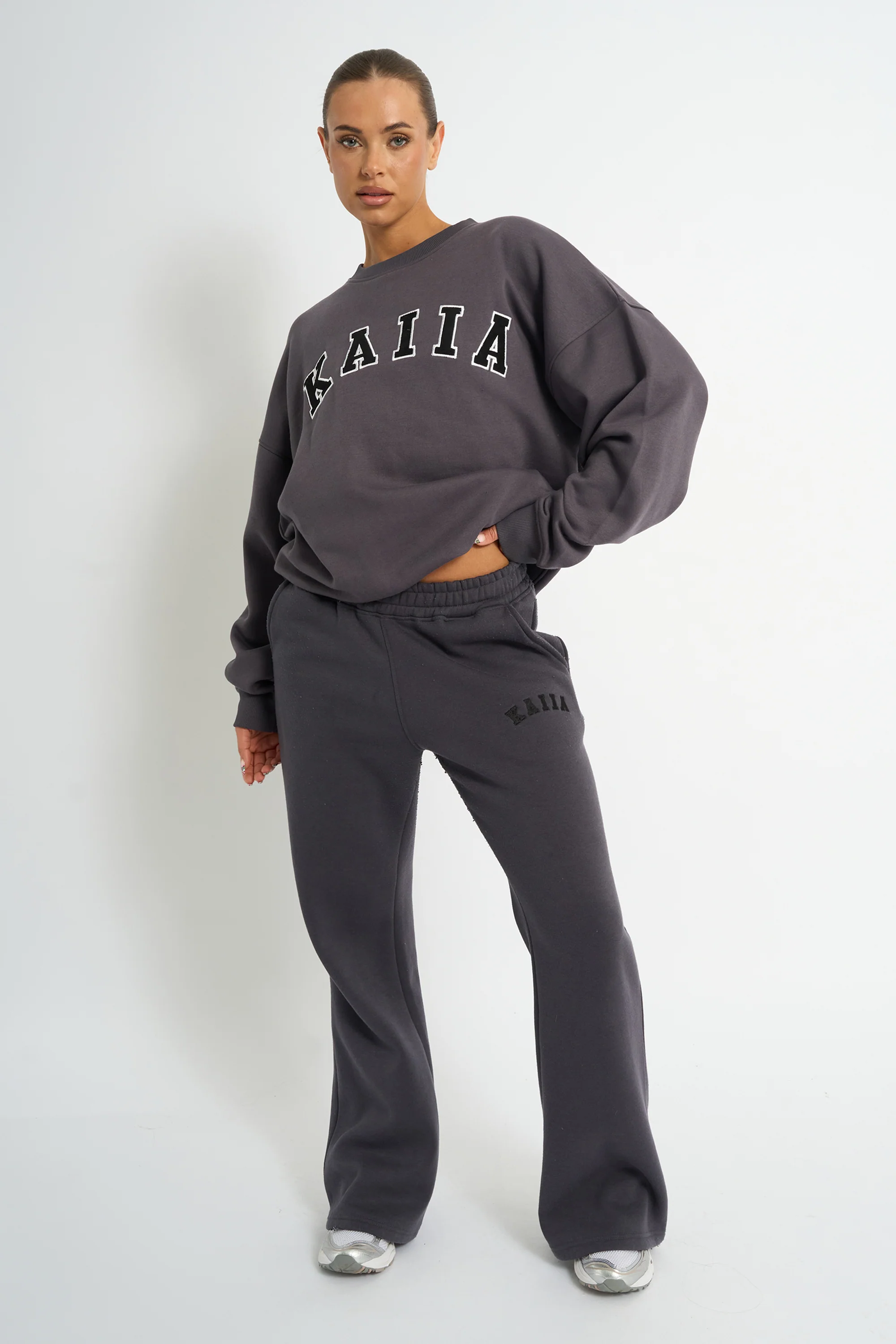 Kaiia Slogan Oversized Sweatshirt Dark Grey - Image 3