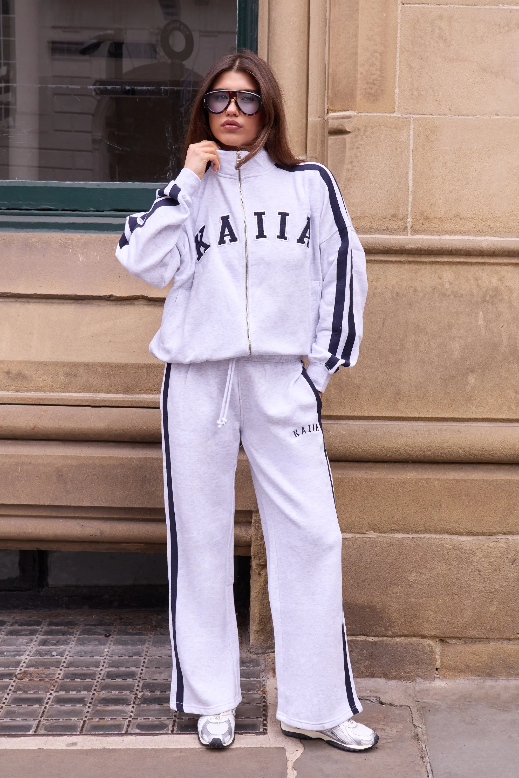 Kaiia Sport Side Stripe Funnel Neck Zip Through Sweatshirt Light Grey Marl & Navy - Image 3