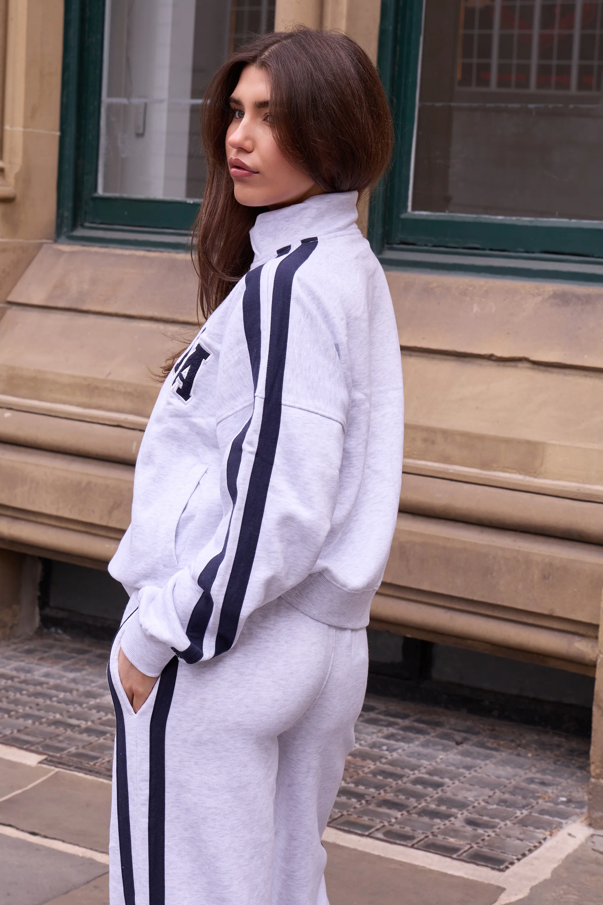 Kaiia Sport Side Stripe Funnel Neck Zip Through Sweatshirt Light Grey Marl & Navy - Image 4