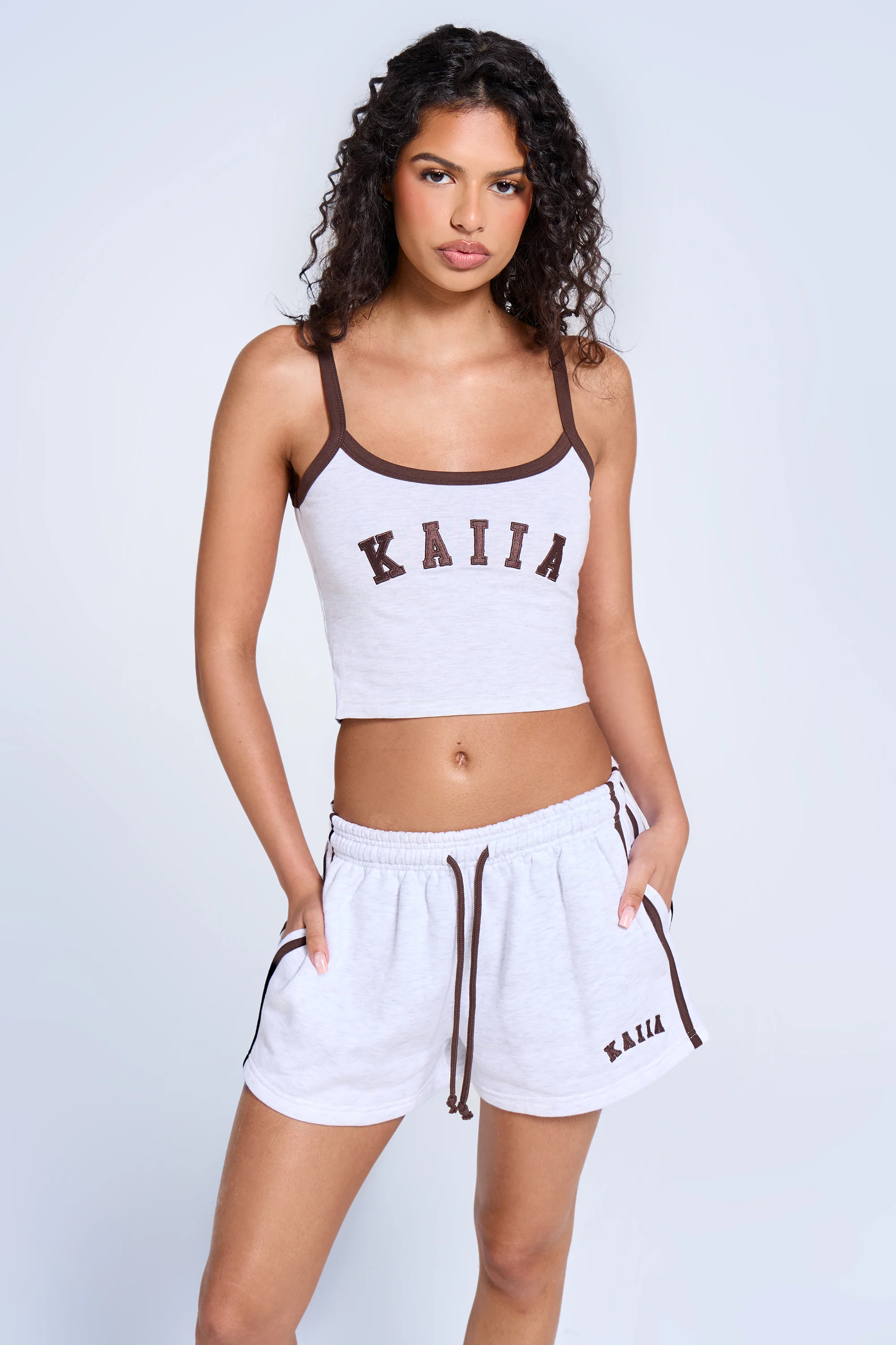 Kaiia Sport Side Stripe Mini Shorts Light Grey Marl & Brown - Image 3