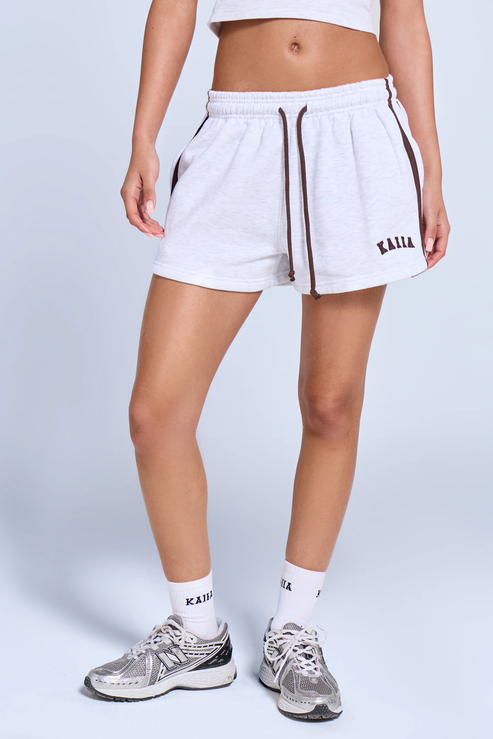 Kaiia Sport Side Stripe Mini Shorts Light Grey Marl & Brown - Image 4