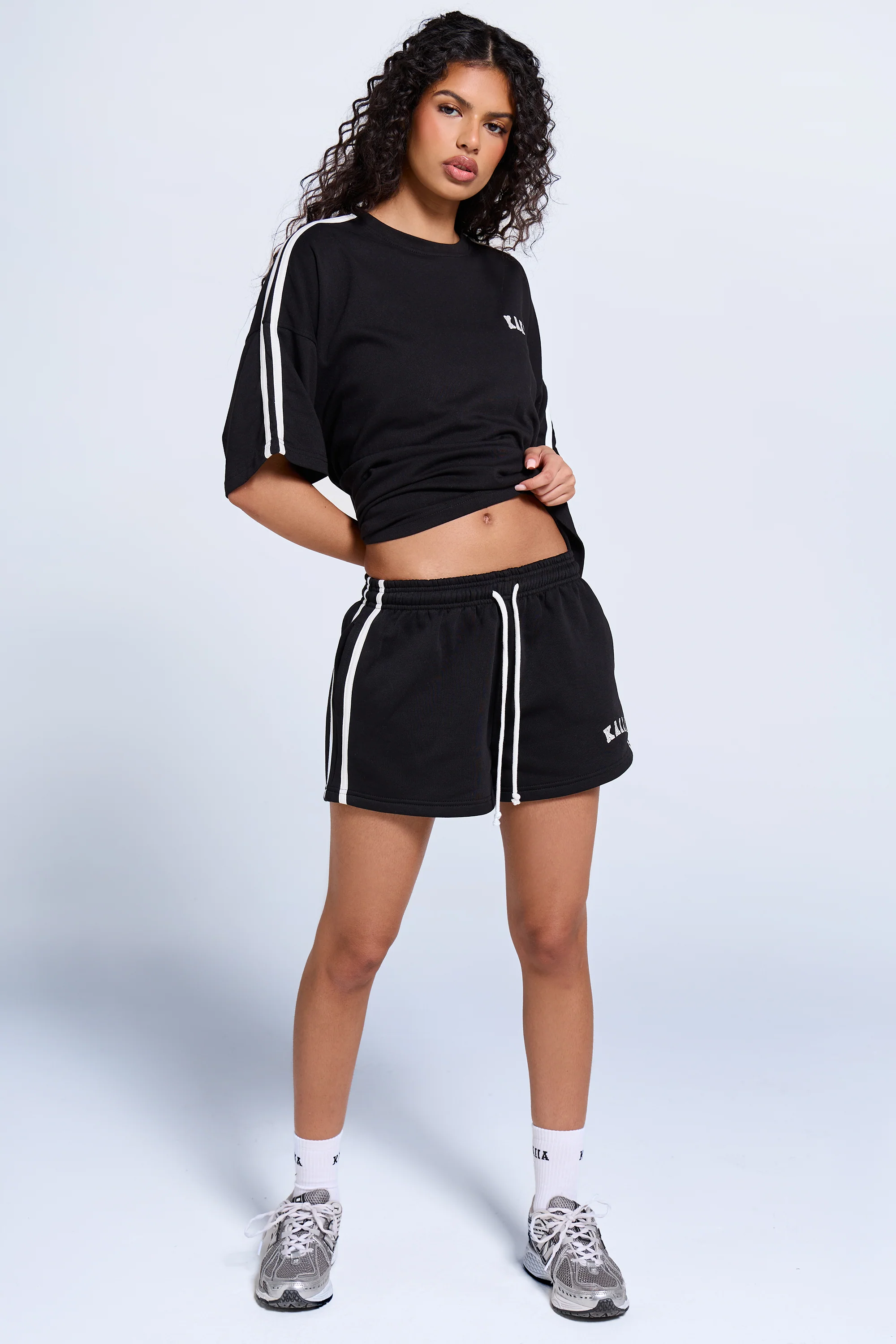Kaiia Sport Side Stripe Mini Shorts Black & White - Image 3