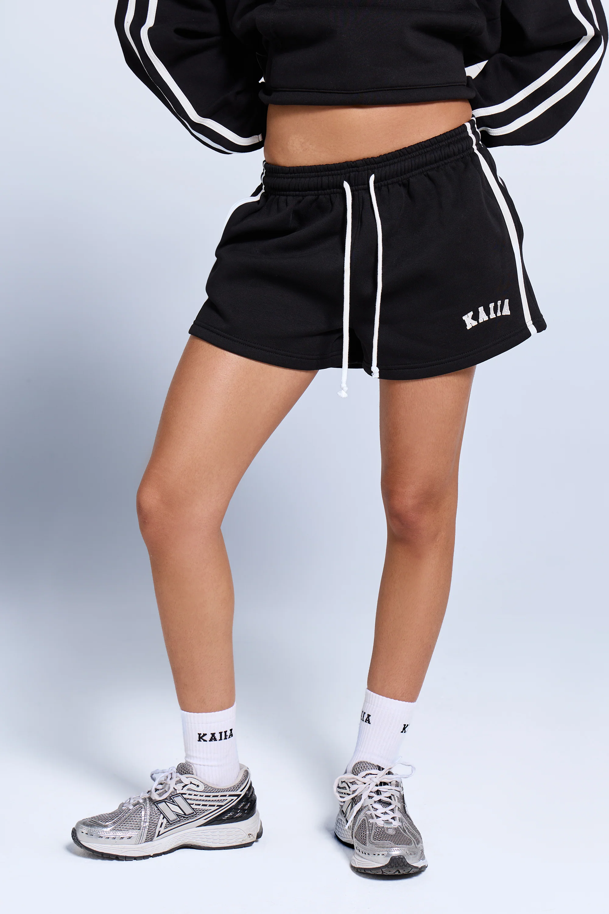 Kaiia Sport Side Stripe Mini Shorts Black & White - Image 4
