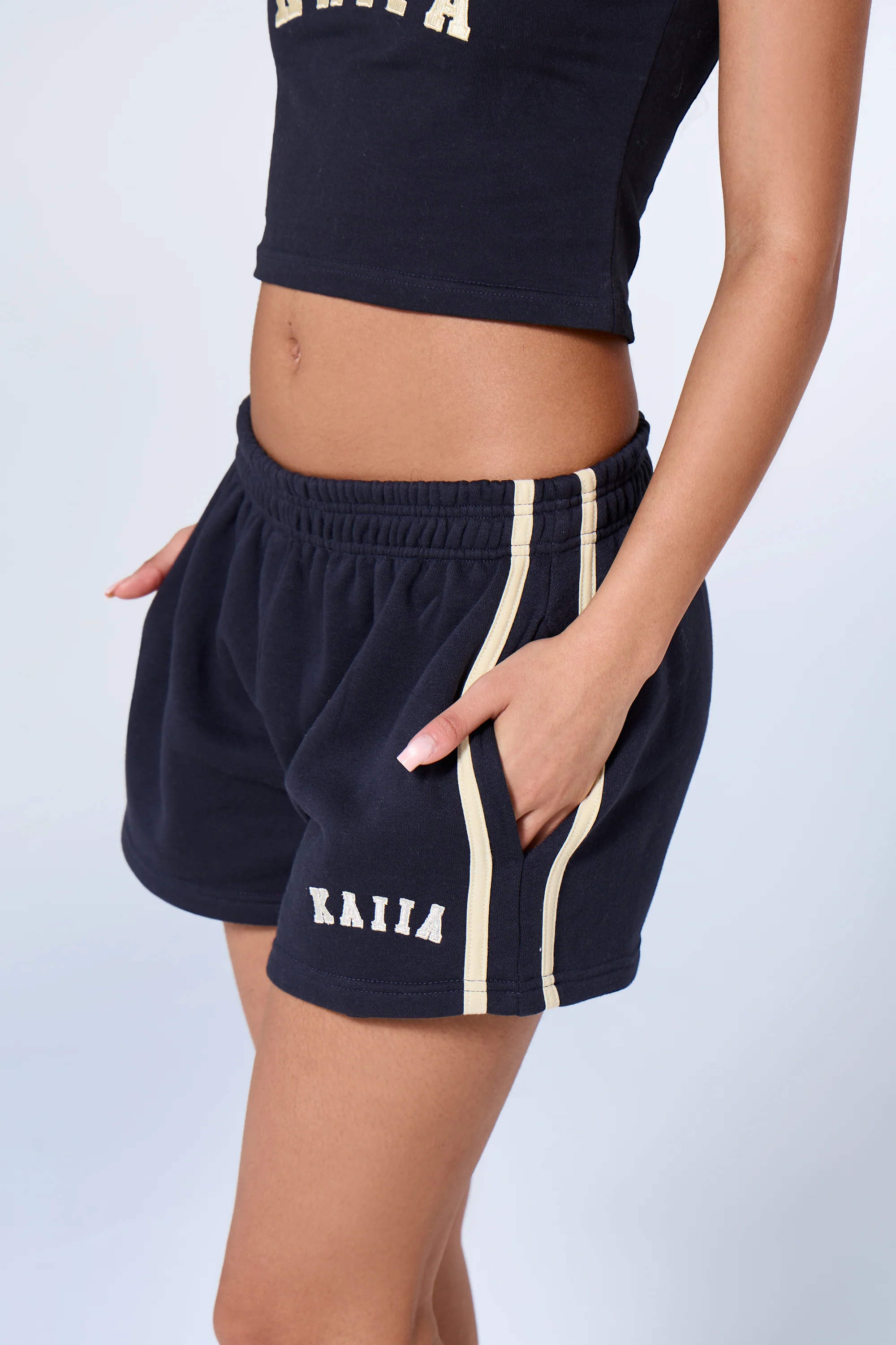 Kaiia Sport Side Stripe Mini Shorts Ink Blue & Lemon - Image 3