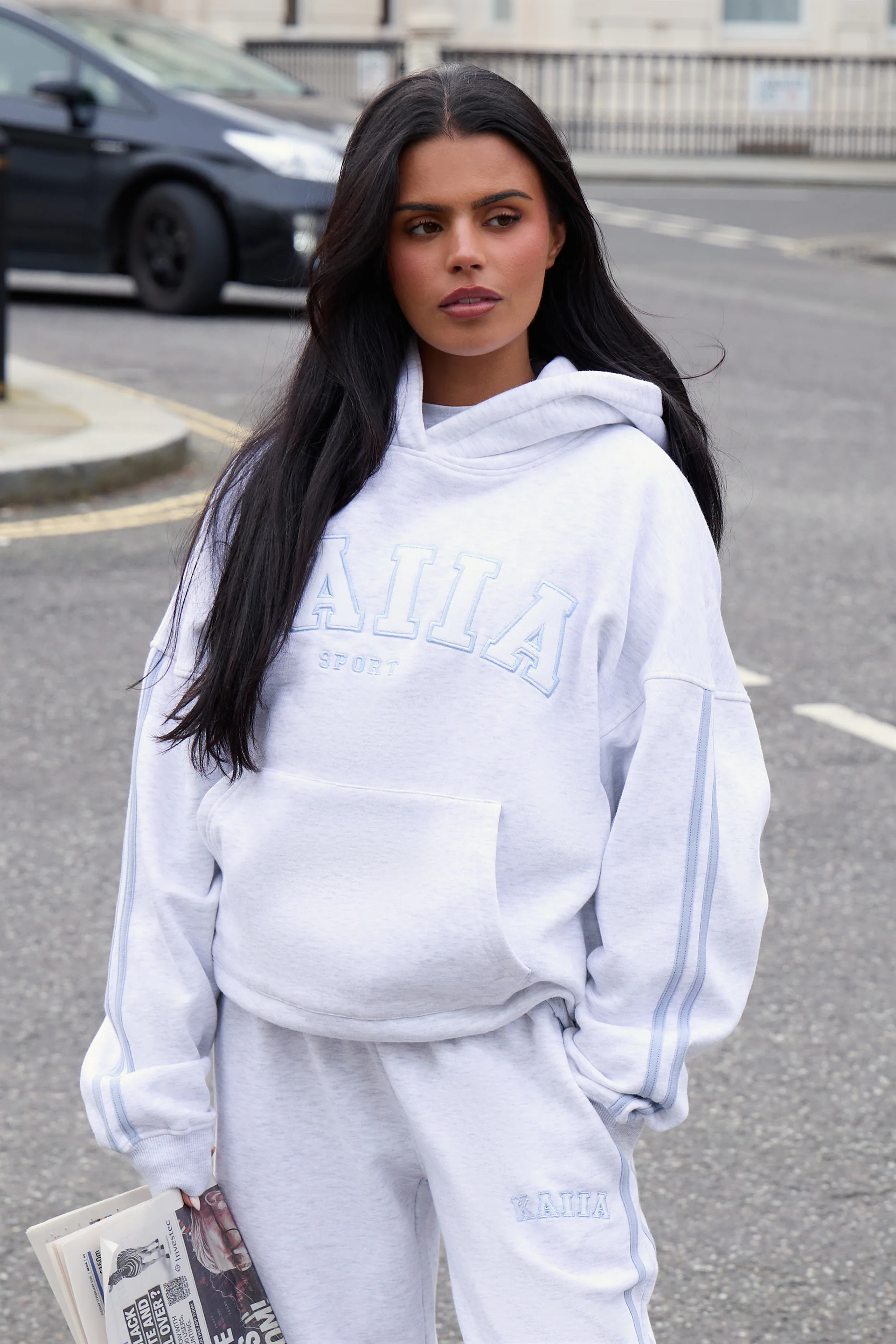 Kaiia Sport Side Stripe Oversized Hoodie Light Grey Marl & Light Blue