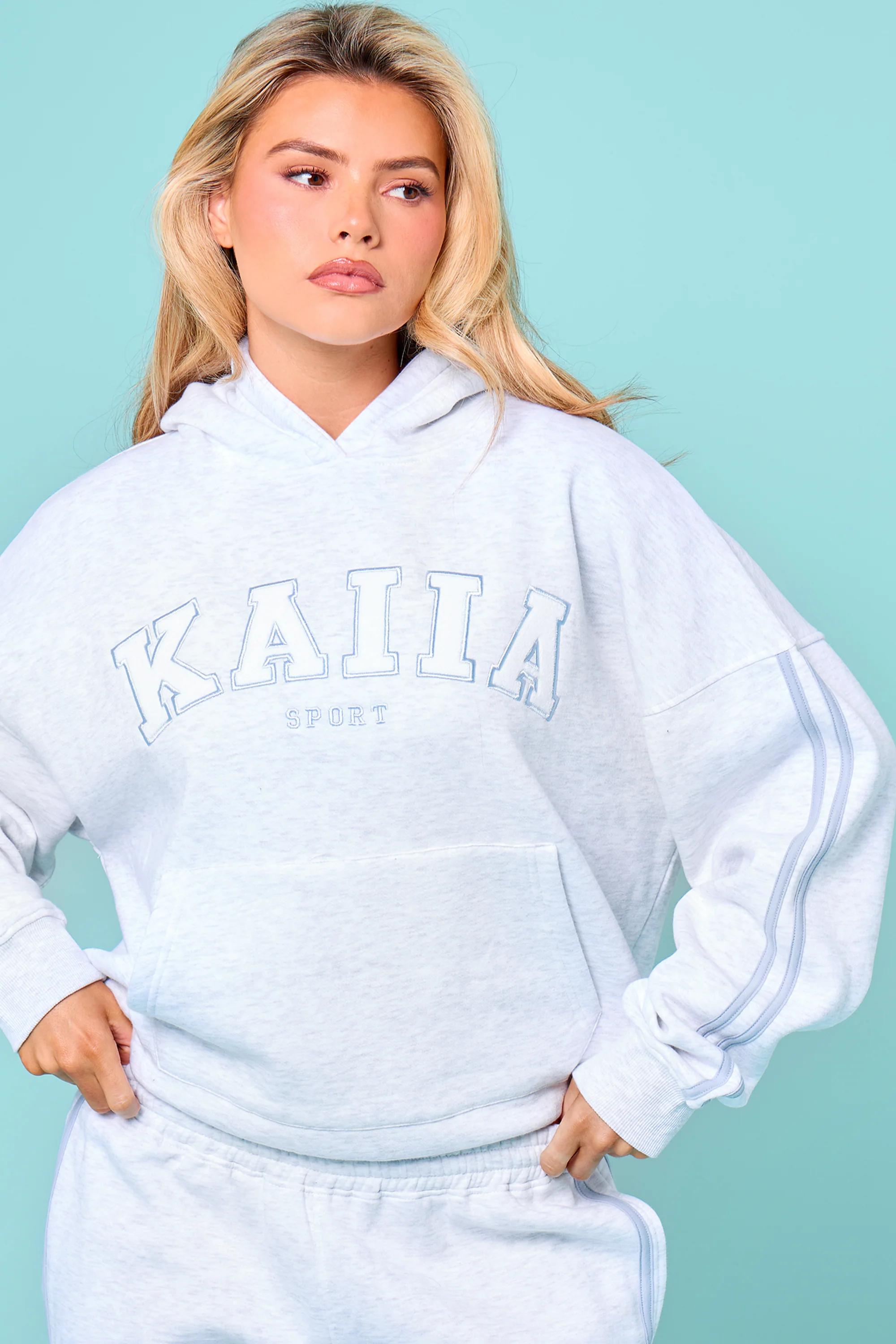 Kaiia Sport Side Stripe Oversized Hoodie Light Grey Marl & Light Blue - Image 5