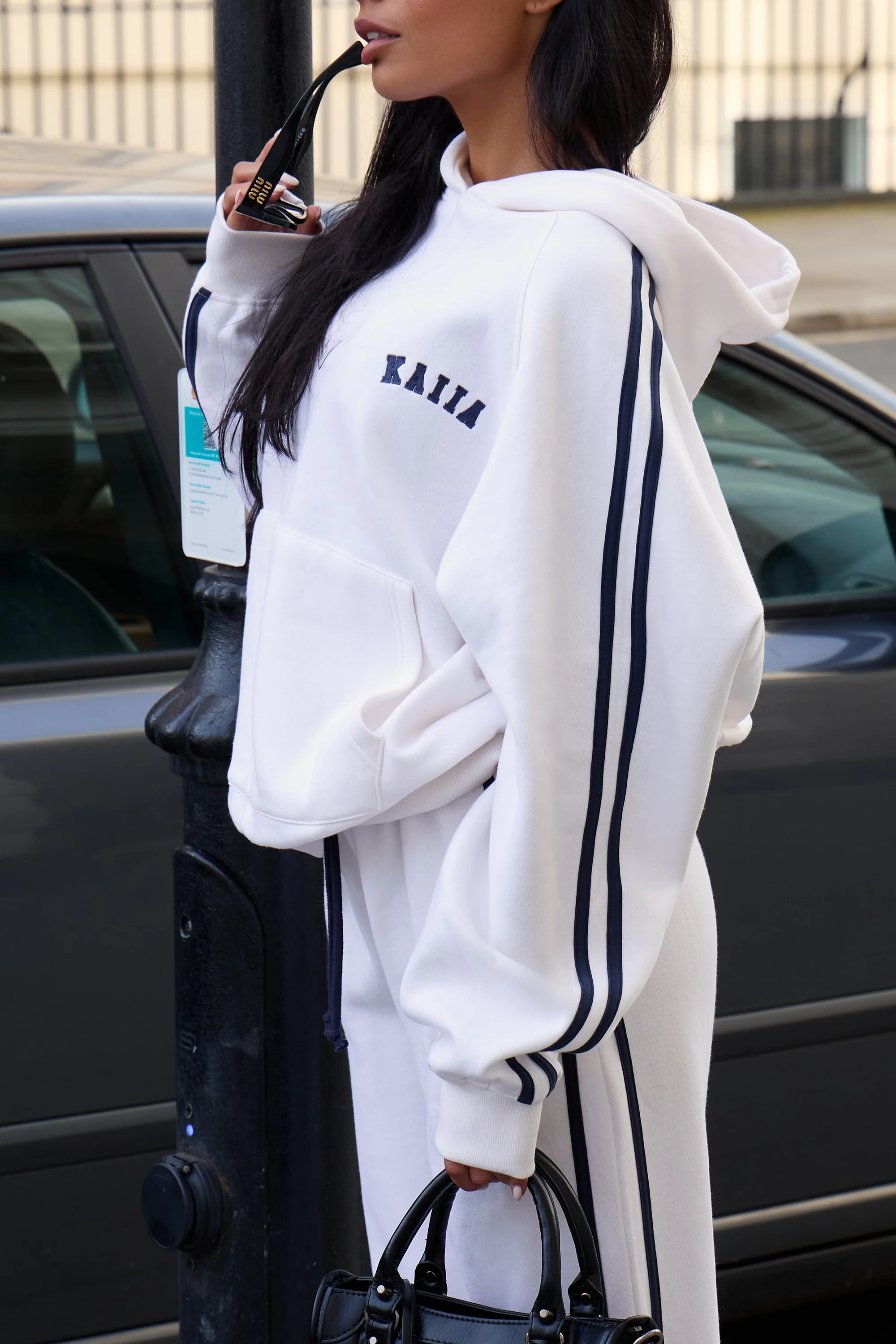 Kaiia Sport Side Stripe Oversized Hoodie Cream & Navy - Image 2