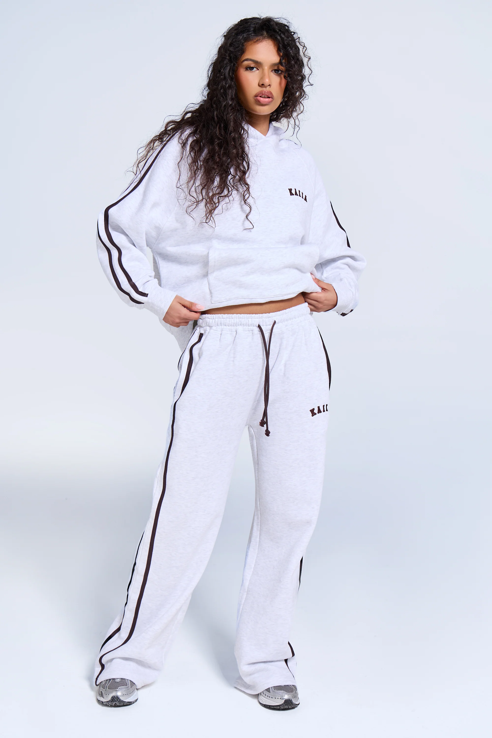 Kaiia Sport Side Stripe Oversized Hoodie Light Grey Marl & Brown - Image 3