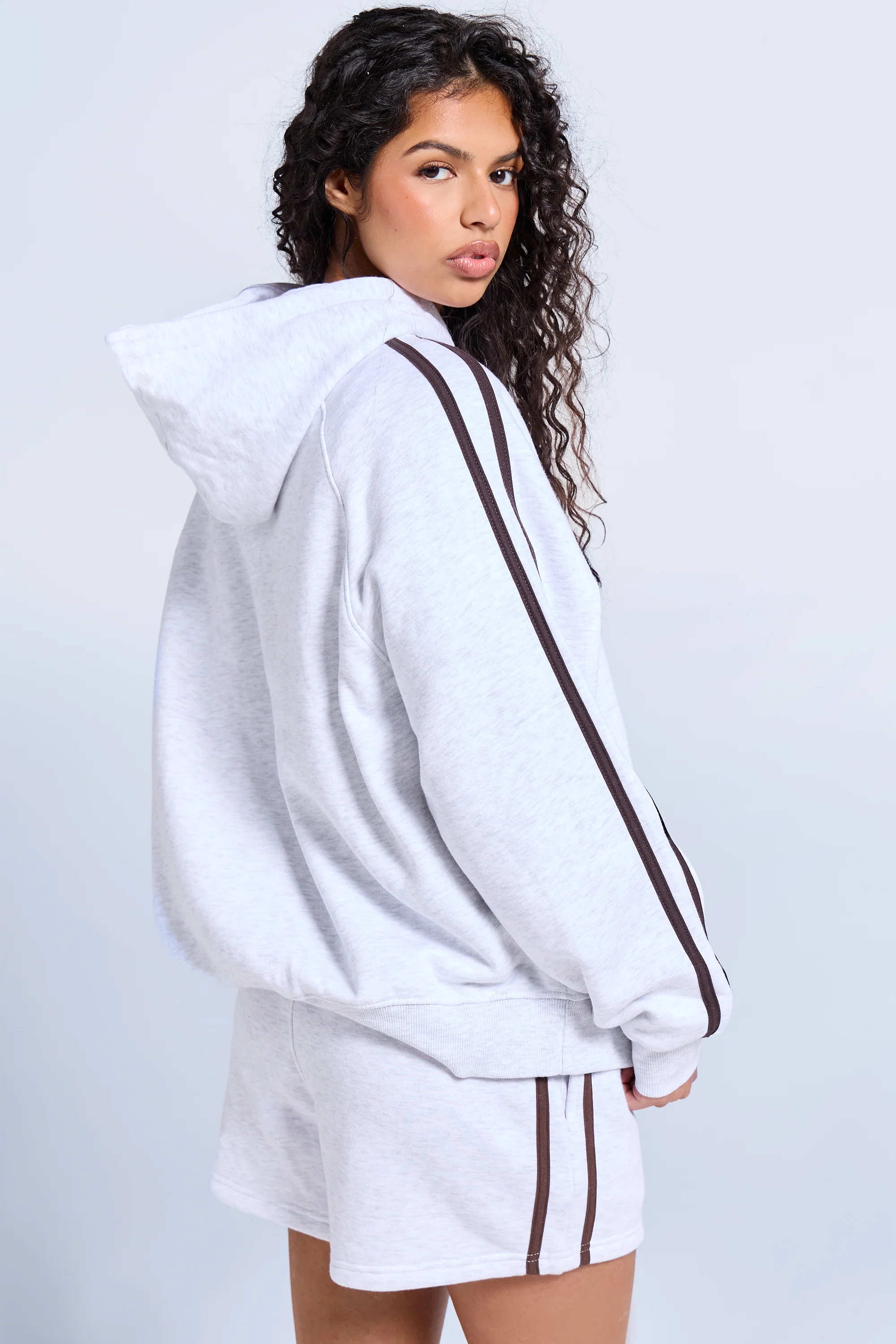 Kaiia Sport Side Stripe Oversized Hoodie Light Grey Marl & Brown - Image 4