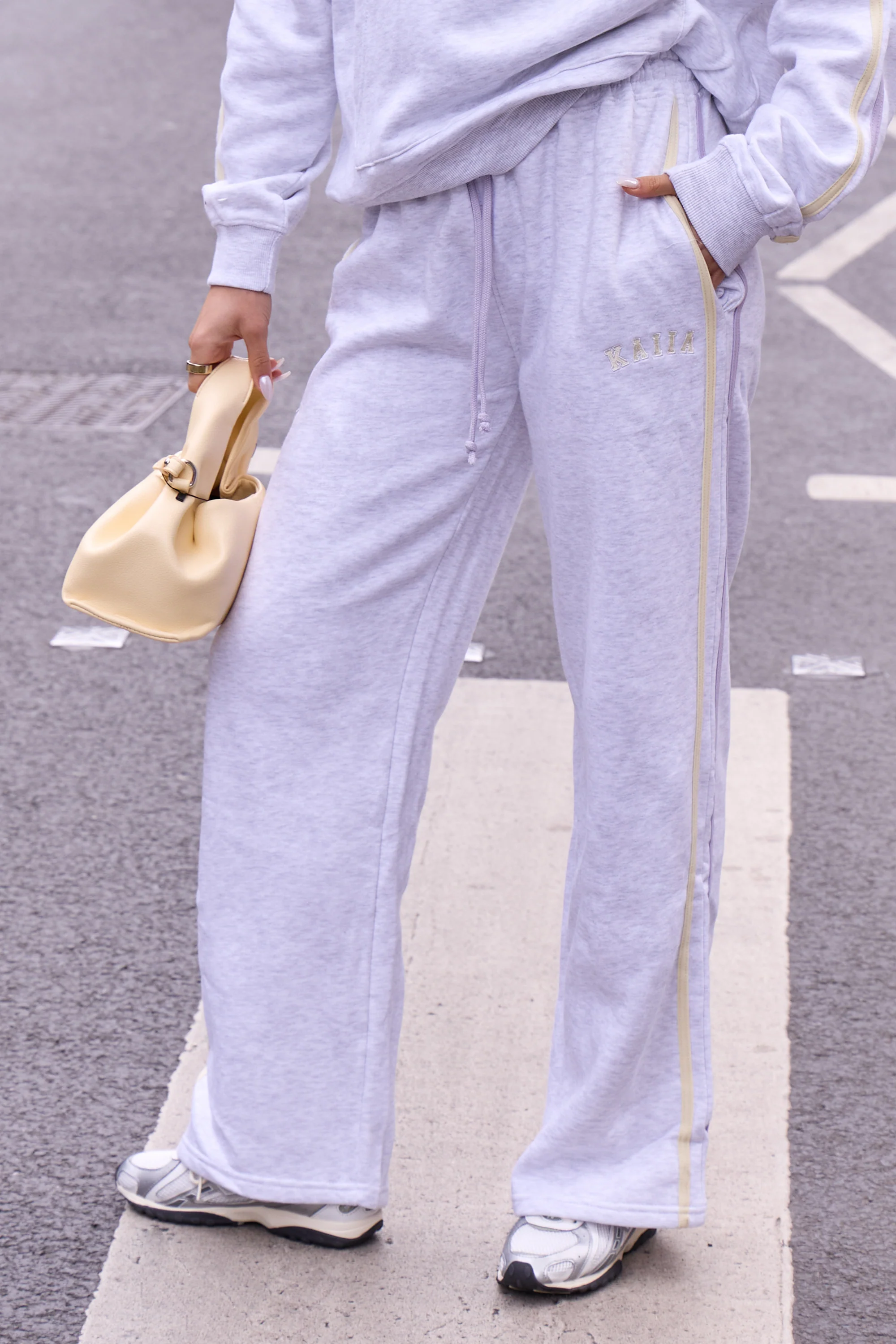 Kaiia Sport Side Stripe Oversized Hoodie Light Grey Marl With Lemon & Lilac - Image 3