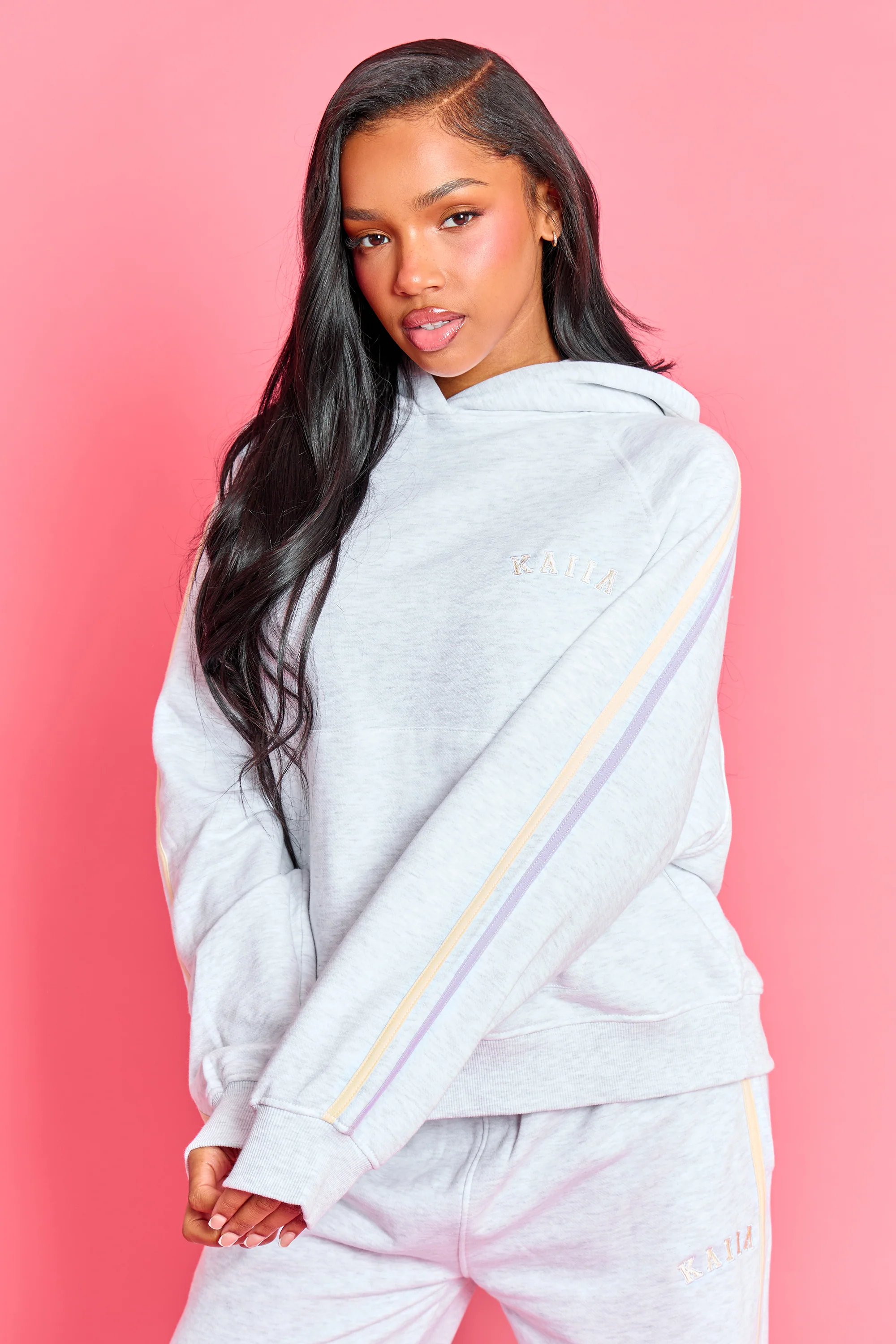 Kaiia Sport Side Stripe Oversized Hoodie Light Grey Marl With Lemon & Lilac - Image 5