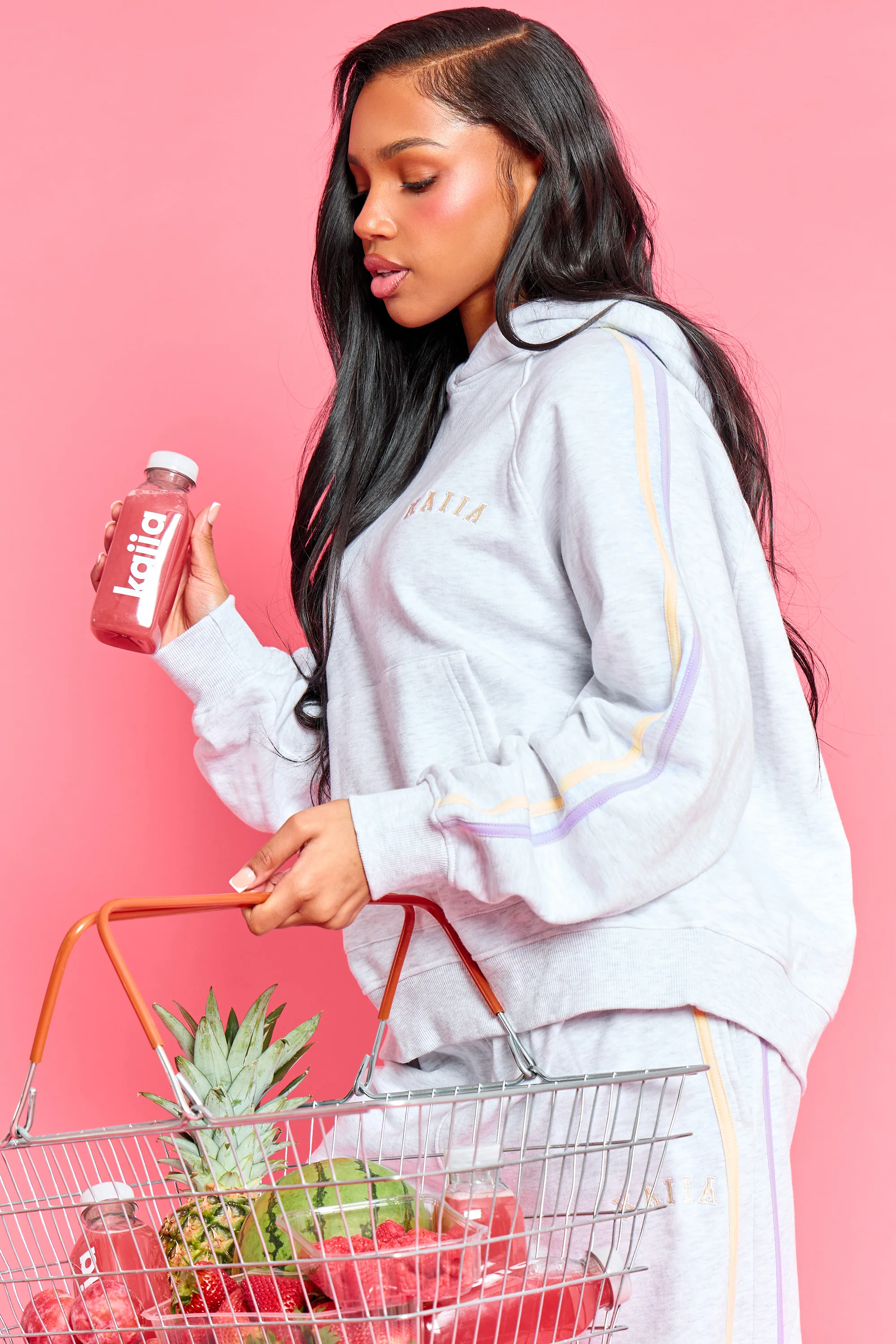 Kaiia Sport Side Stripe Oversized Hoodie Light Grey Marl With Lemon & Lilac - Image 6