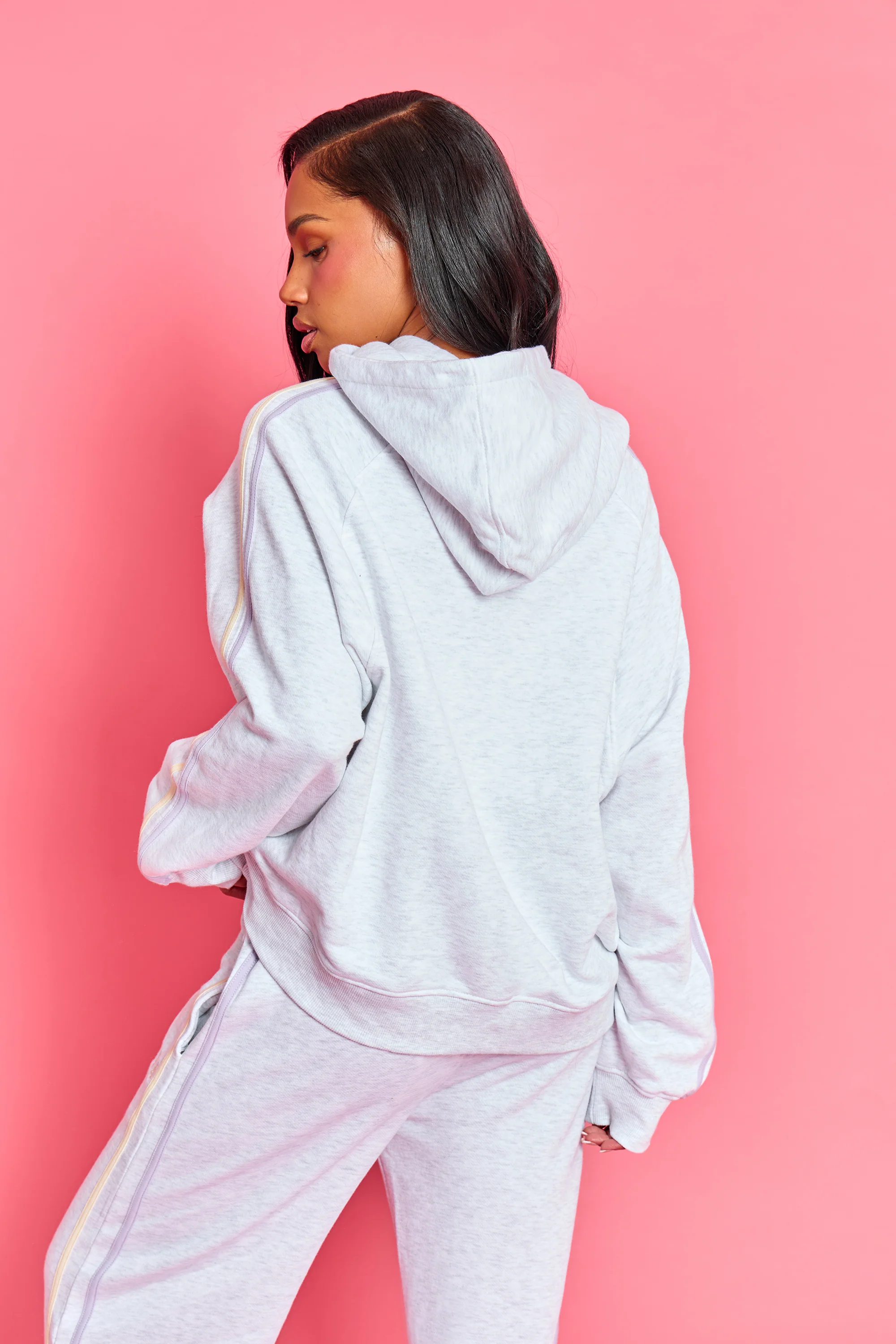 Kaiia Sport Side Stripe Oversized Hoodie Light Grey Marl With Lemon & Lilac - Image 8
