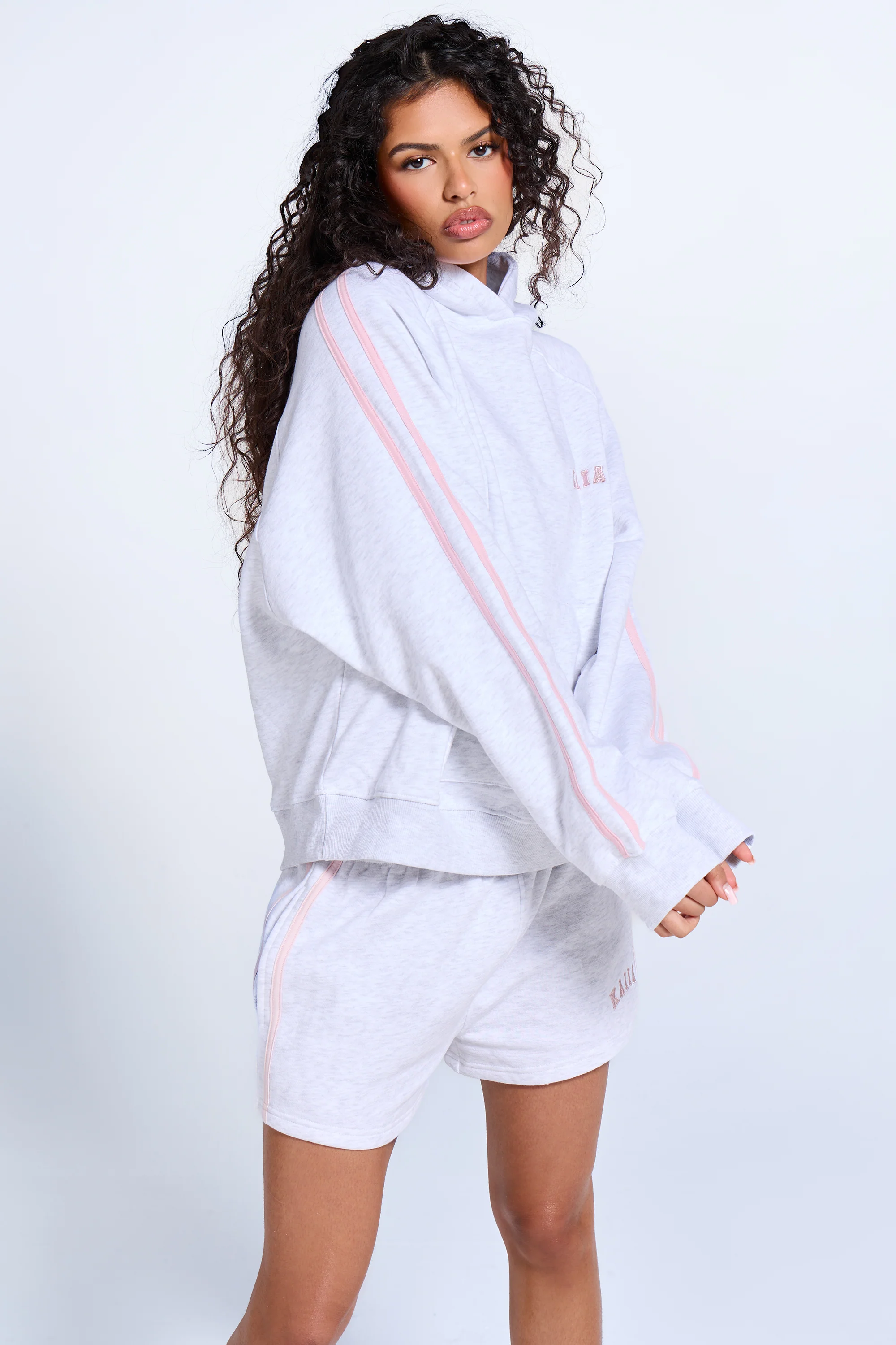 Kaiia Sport Side Stripe Oversized Hoodie Light Grey Marl & Pink Sugar
