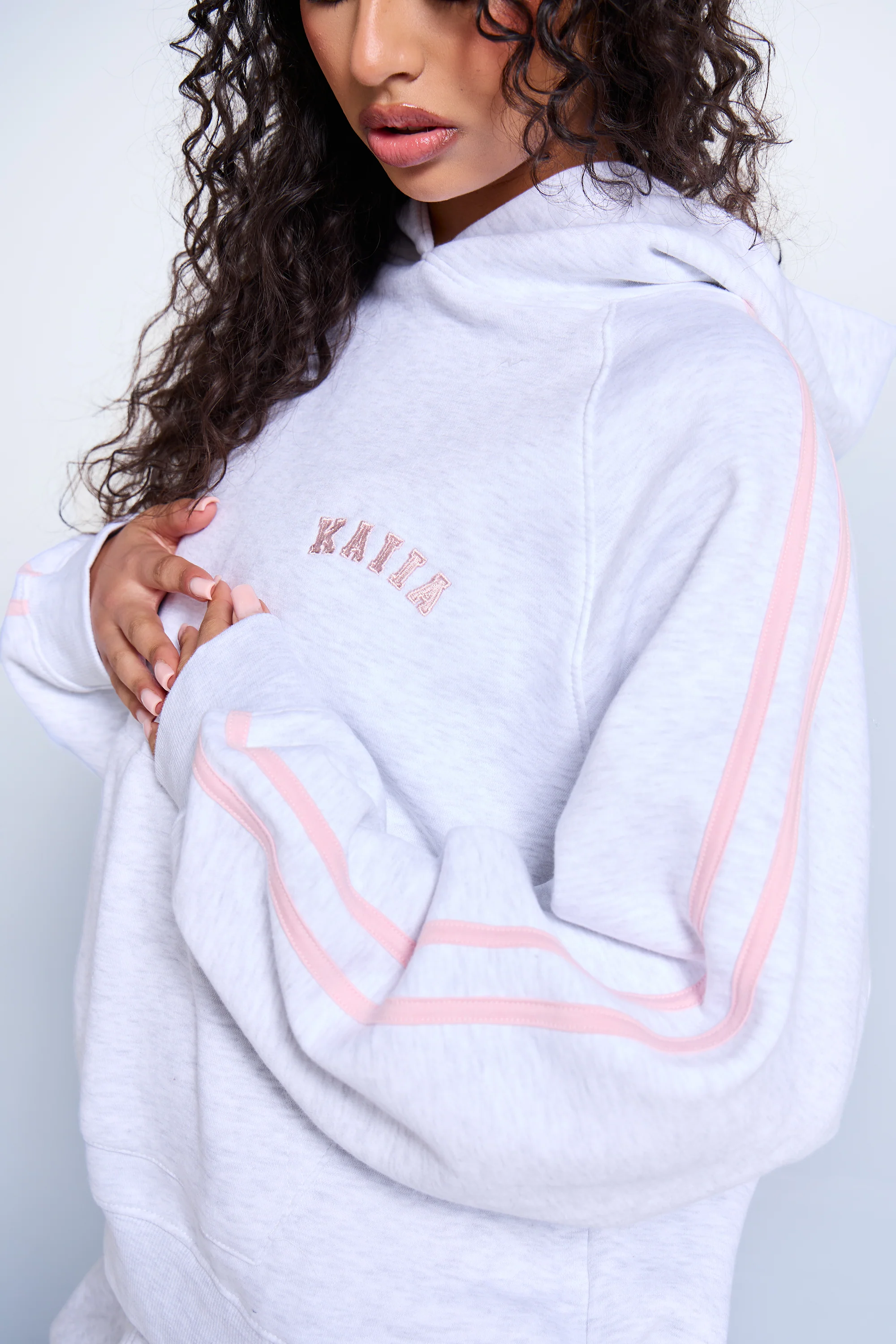 Kaiia Sport Side Stripe Oversized Hoodie Light Grey Marl & Pink Sugar - Image 2
