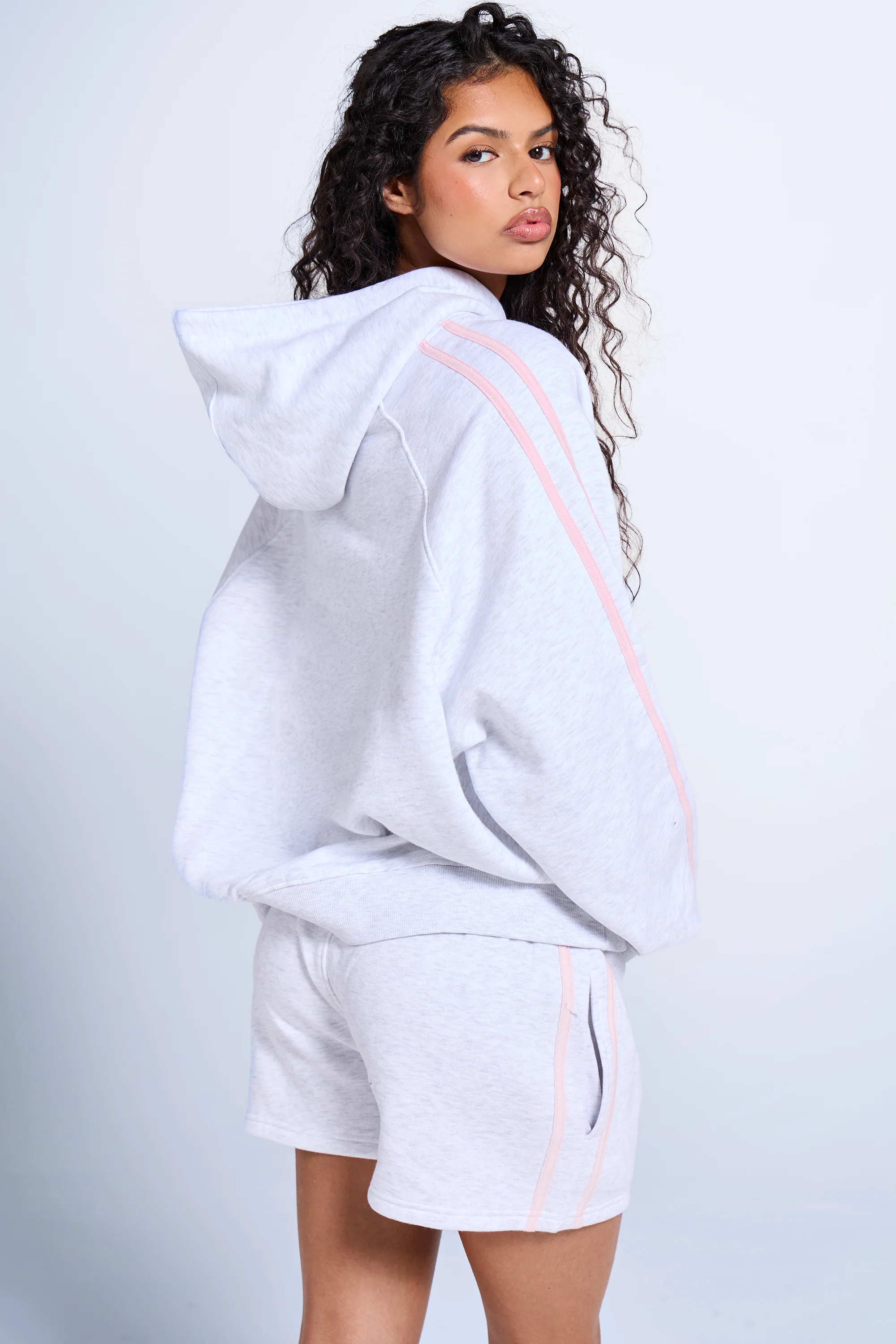 Kaiia Sport Side Stripe Oversized Hoodie Light Grey Marl & Pink Sugar - Image 4