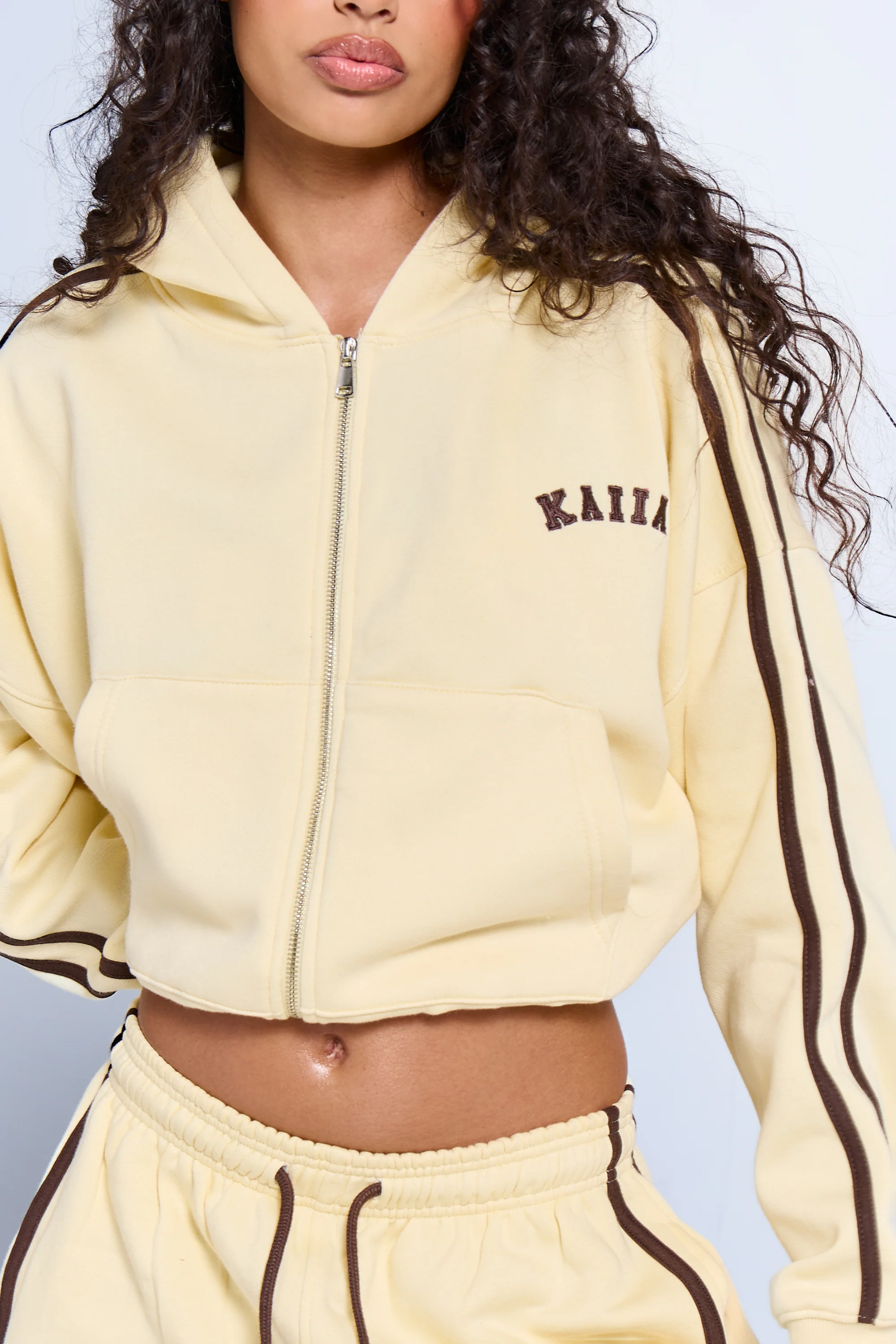 Kaiia Sport Side Stripe Oversized Zip Through Hoodie Butter Yellow & Brown - Image 3