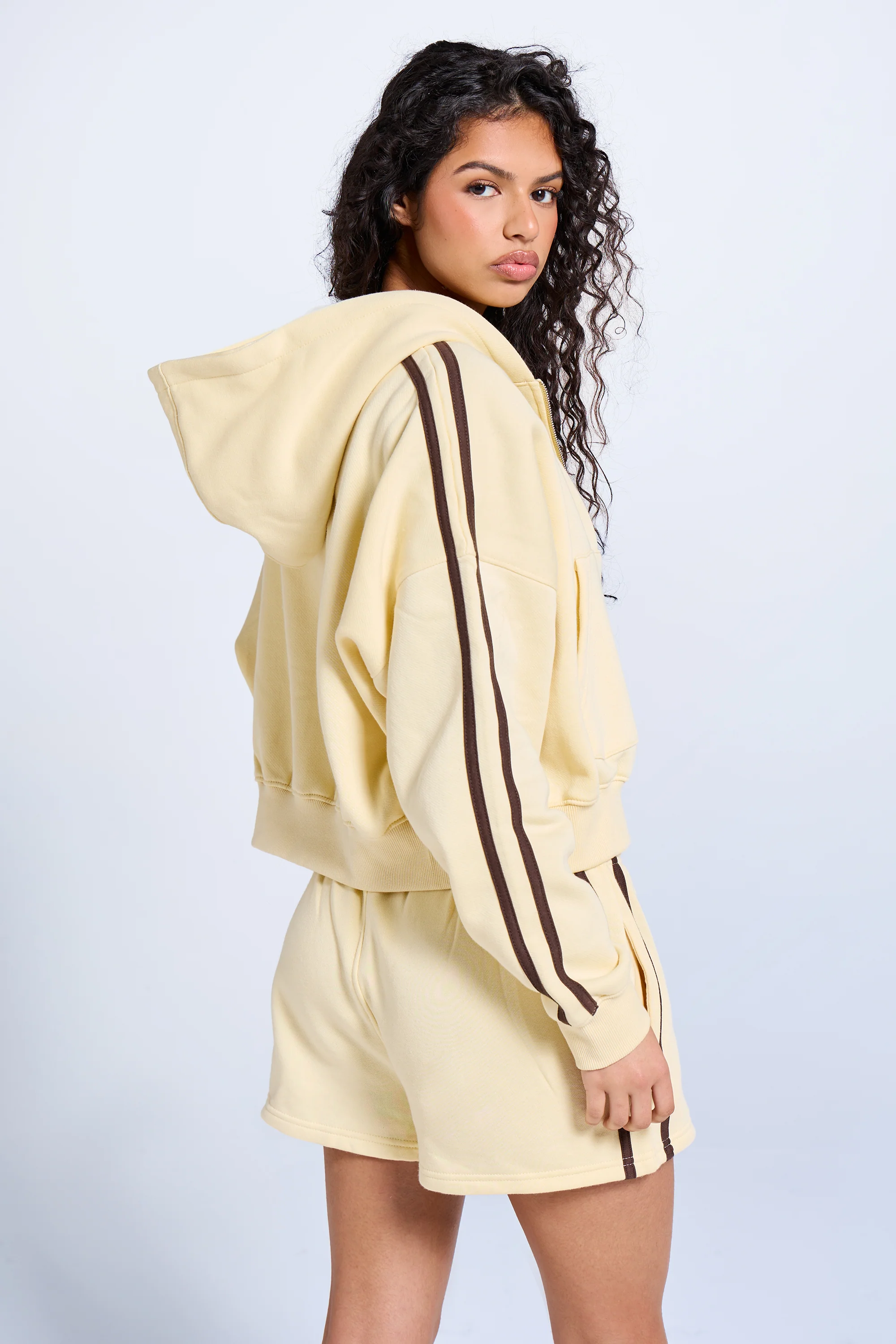 Kaiia Sport Side Stripe Oversized Zip Through Hoodie Butter Yellow & Brown - Image 5