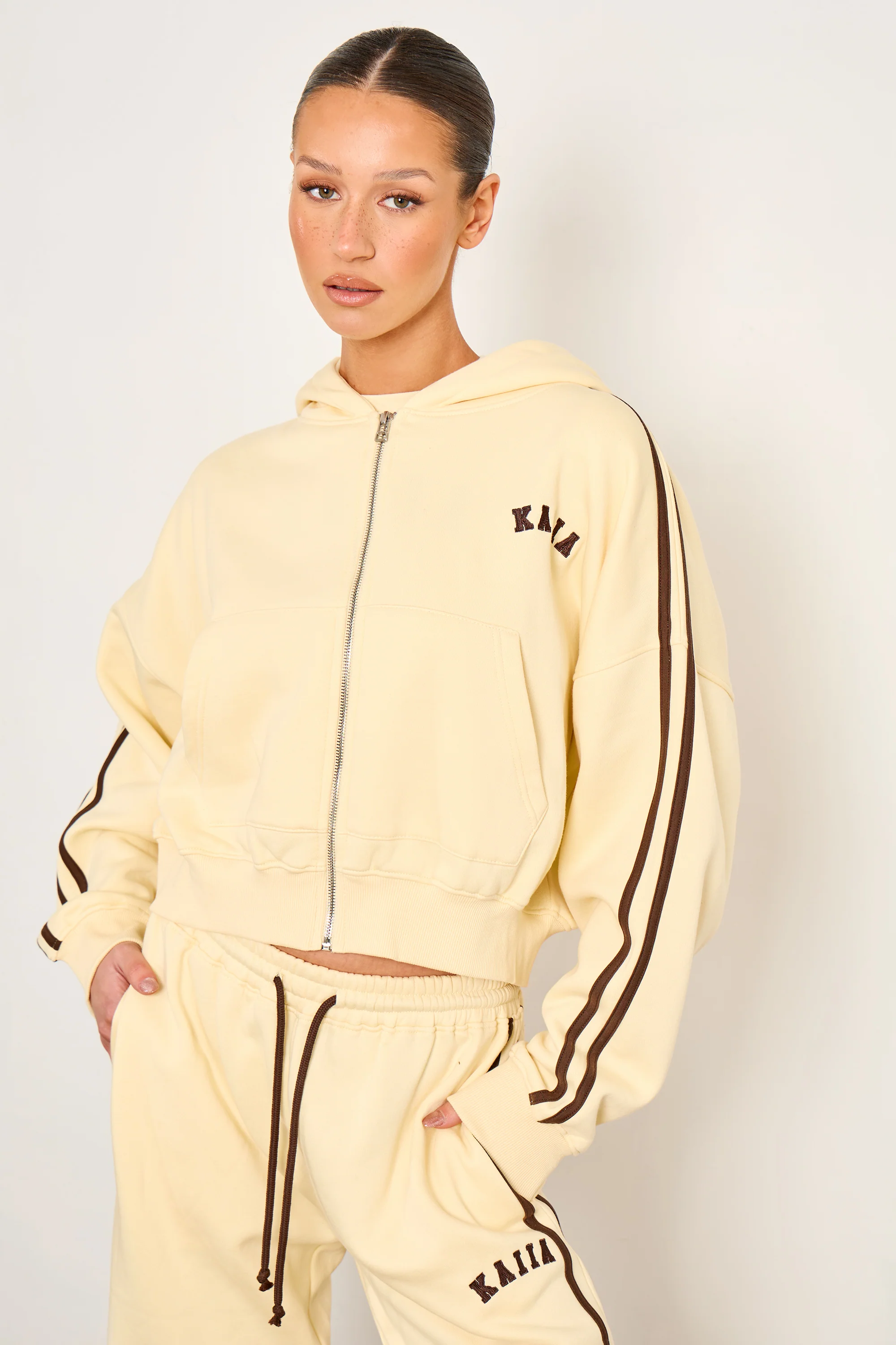 Kaiia Sport Side Stripe Oversized Zip Through Hoodie Butter Yellow & Brown - Image 6